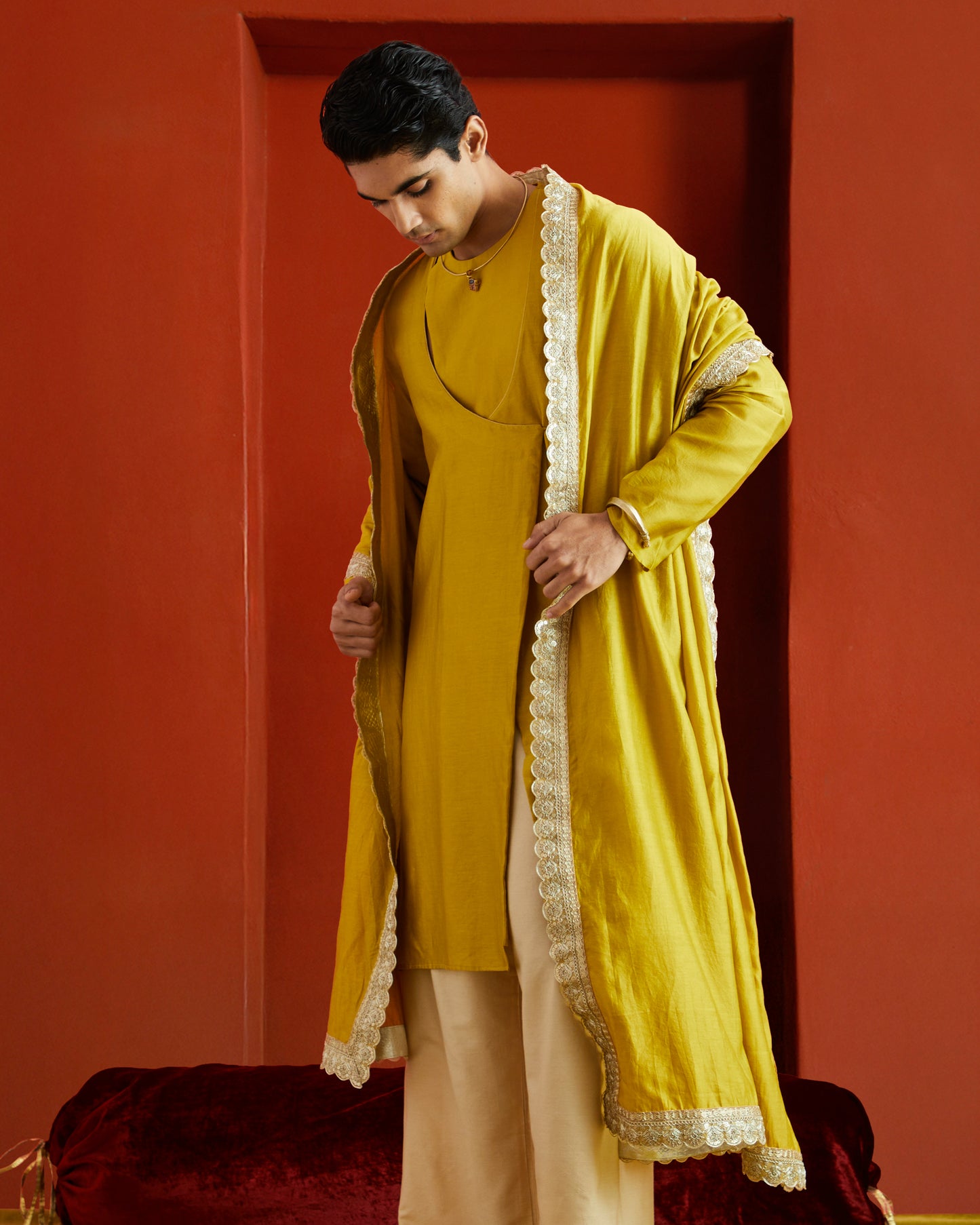 Yellow Pure Chanderi Lohi With Lace And Gota Border