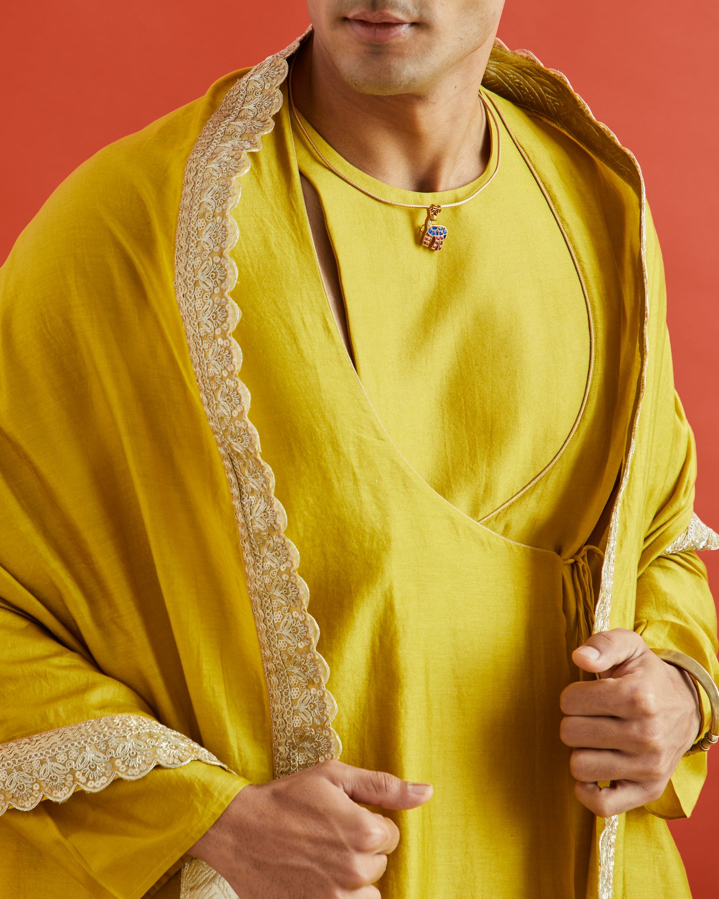 Yellow Pure Chanderi Lohi With Lace And Gota Border