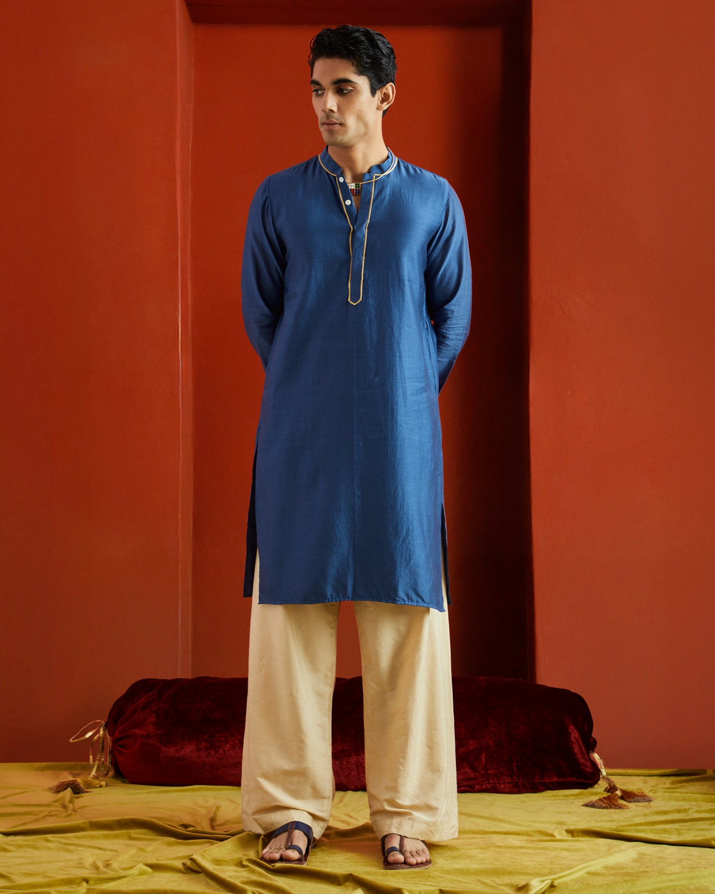 Blue Pure Chanderi Kurta With Gold Piping On Hidden Placket
