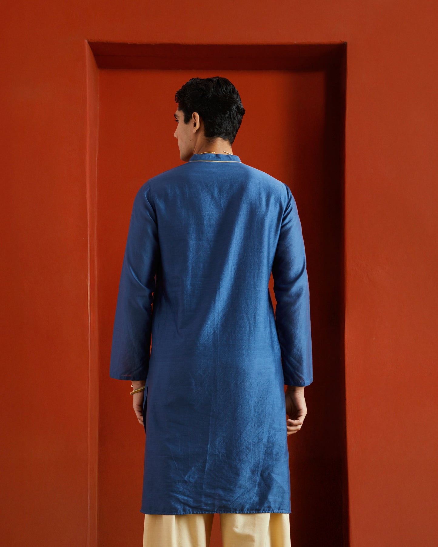 Blue Pure Chanderi Kurta With Gold Piping On Hidden Placket