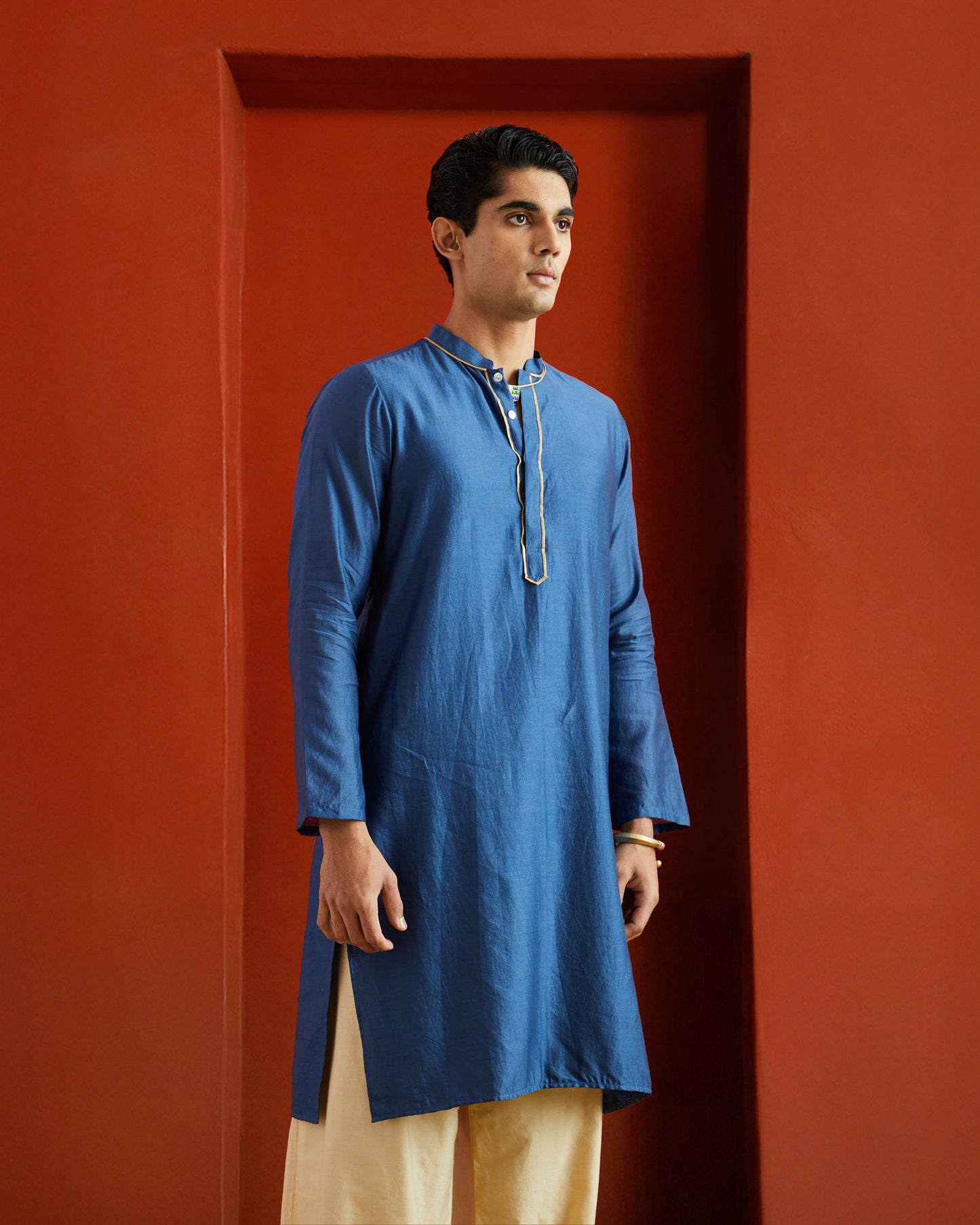Blue Pure Chanderi Kurta With Gold Piping On Hidden Placket