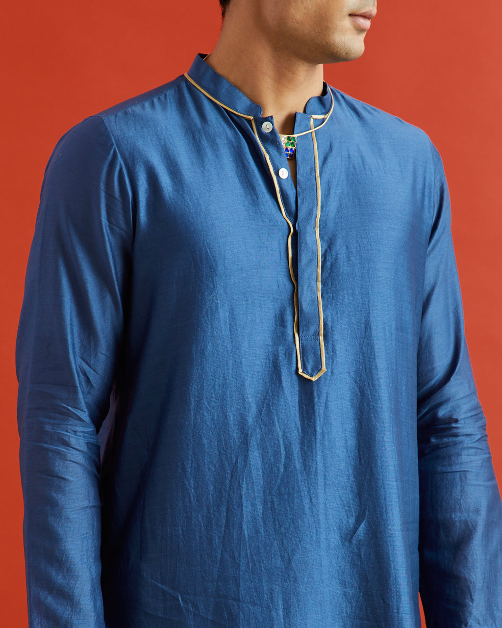 Blue Pure Chanderi Kurta With Gold Piping On Hidden Placket