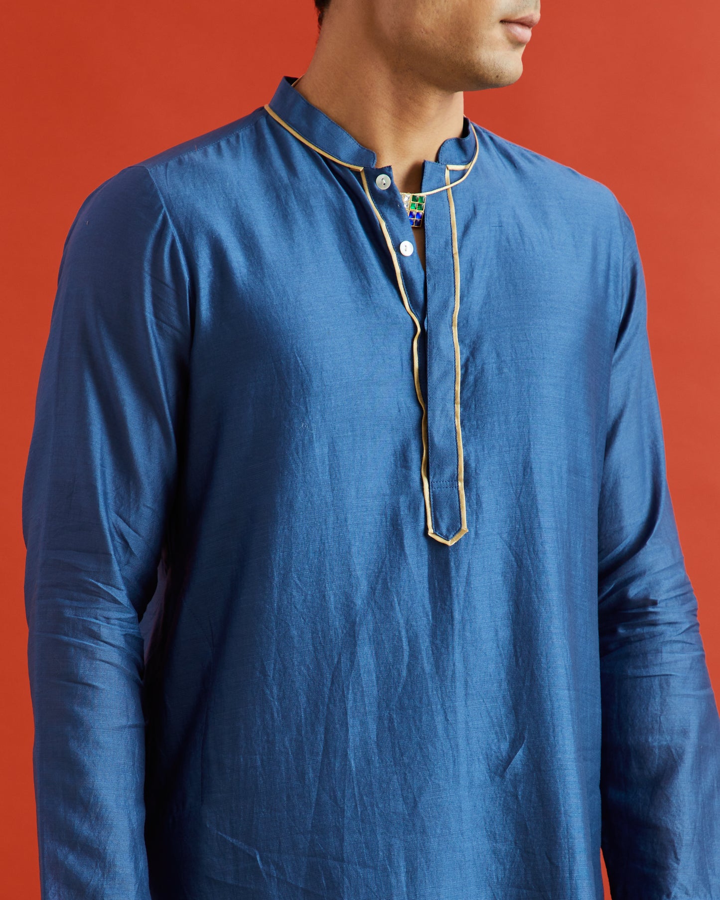 Blue Pure Chanderi Kurta With Gold Piping On Hidden Placket