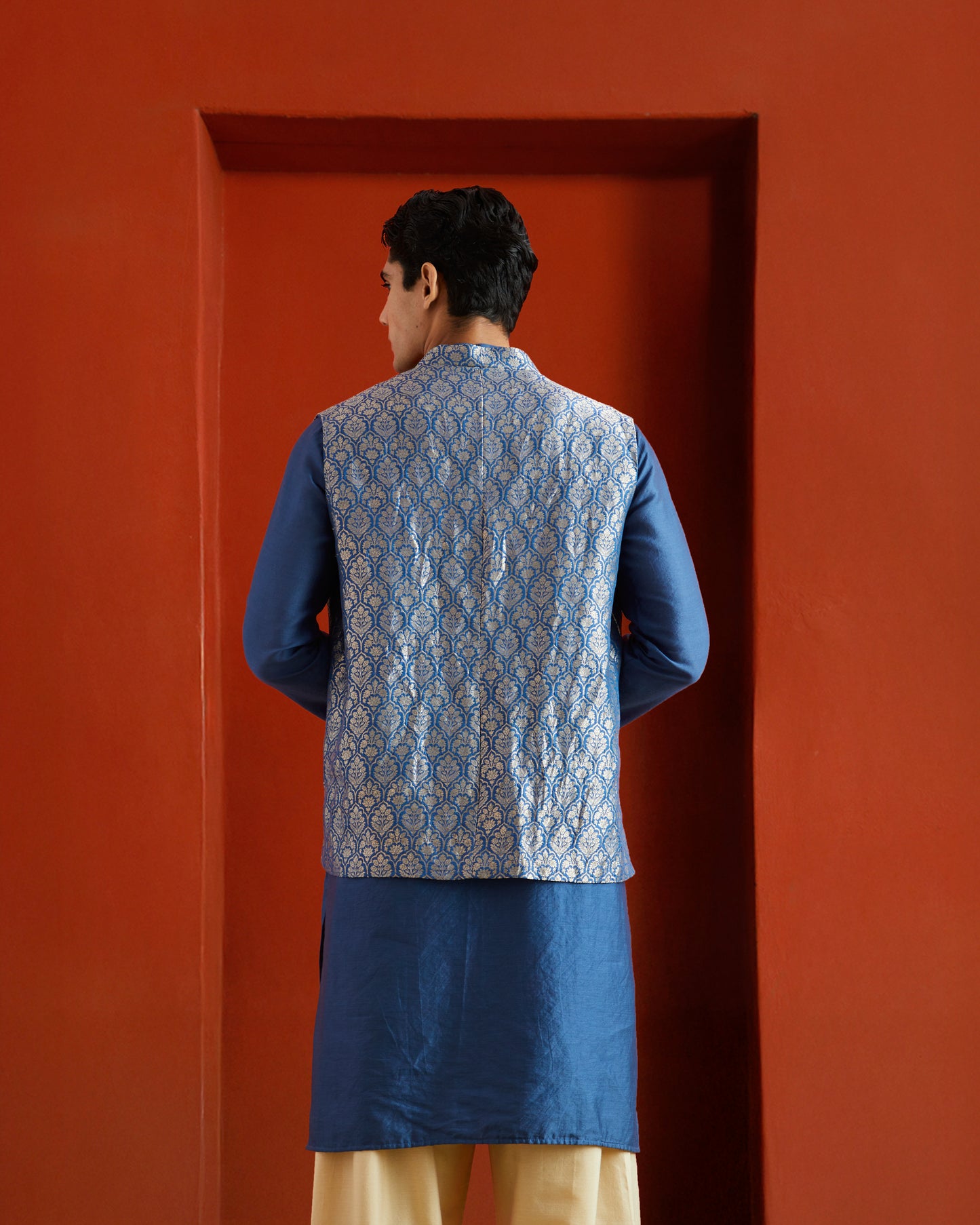 Blue Pure Katan Silk Brocade Floral Motif Bandi- Blue Hue