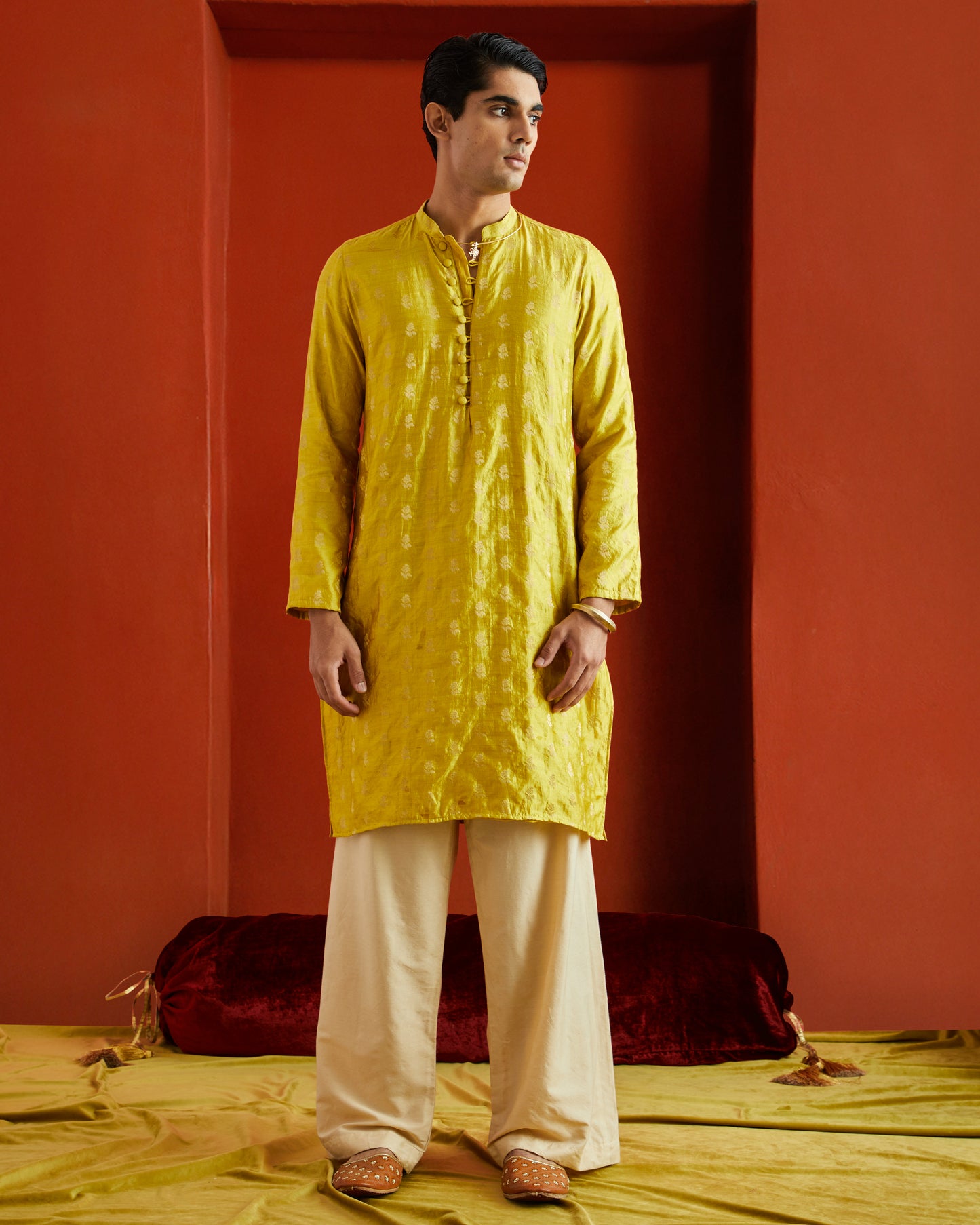 Yellow Munga Silk Handwoven Buta Kurta
