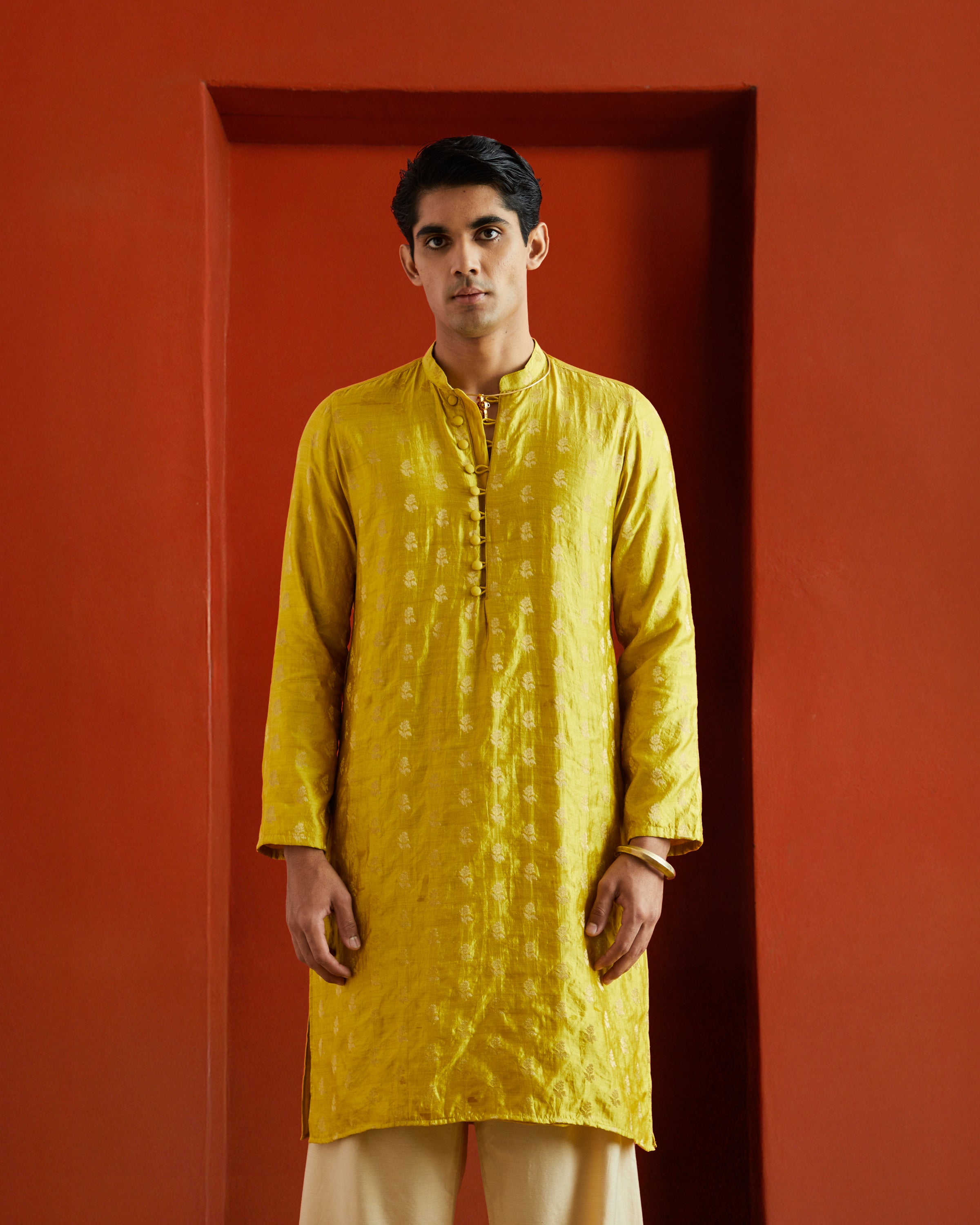 Yellow Munga Silk Handwoven Buta Kurta