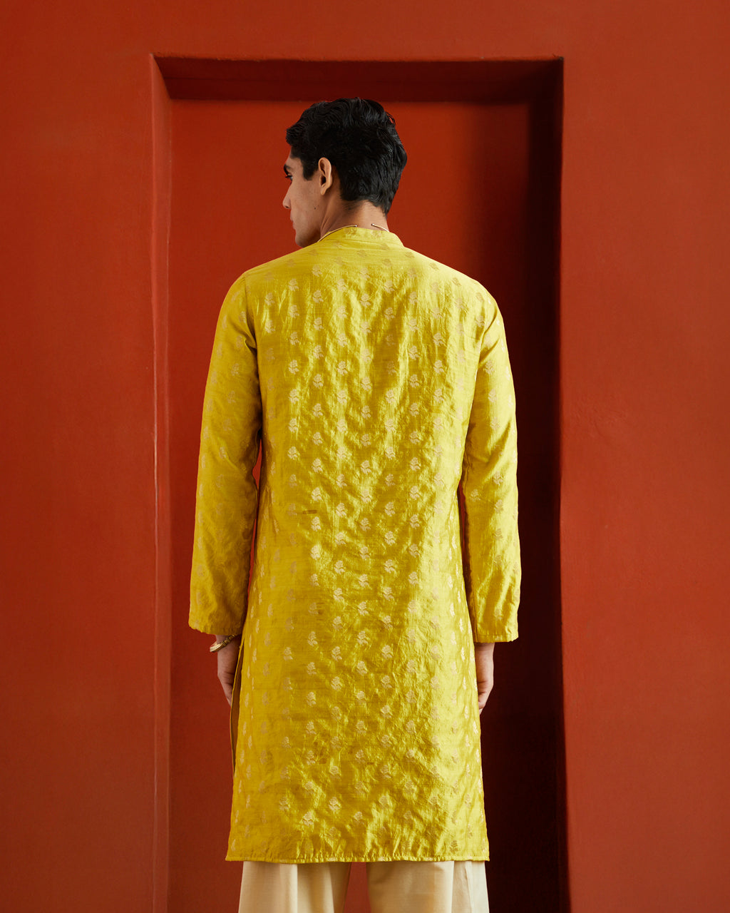 Yellow Munga Silk Handwoven Buta Kurta