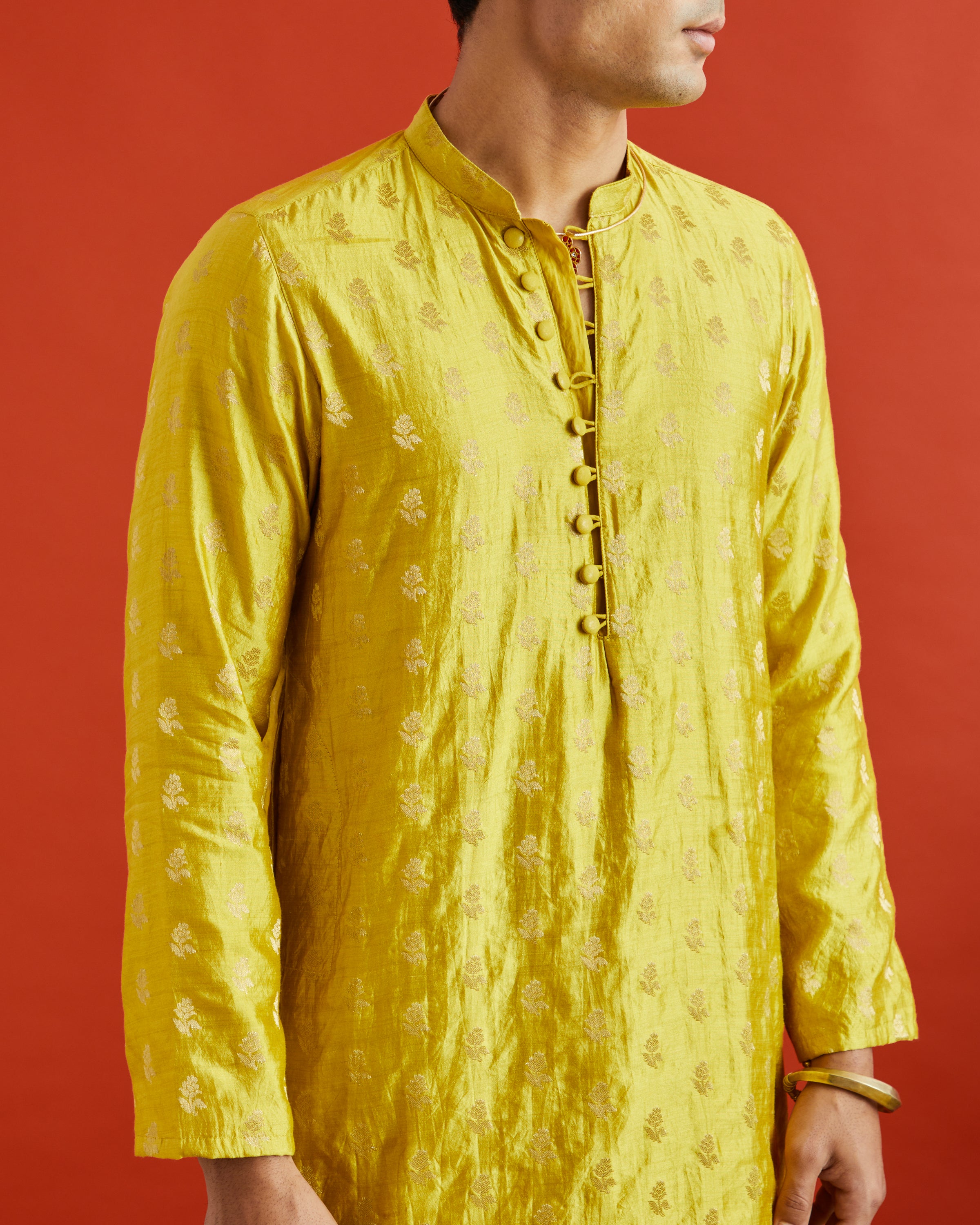 Yellow Munga Silk Handwoven Buta Kurta