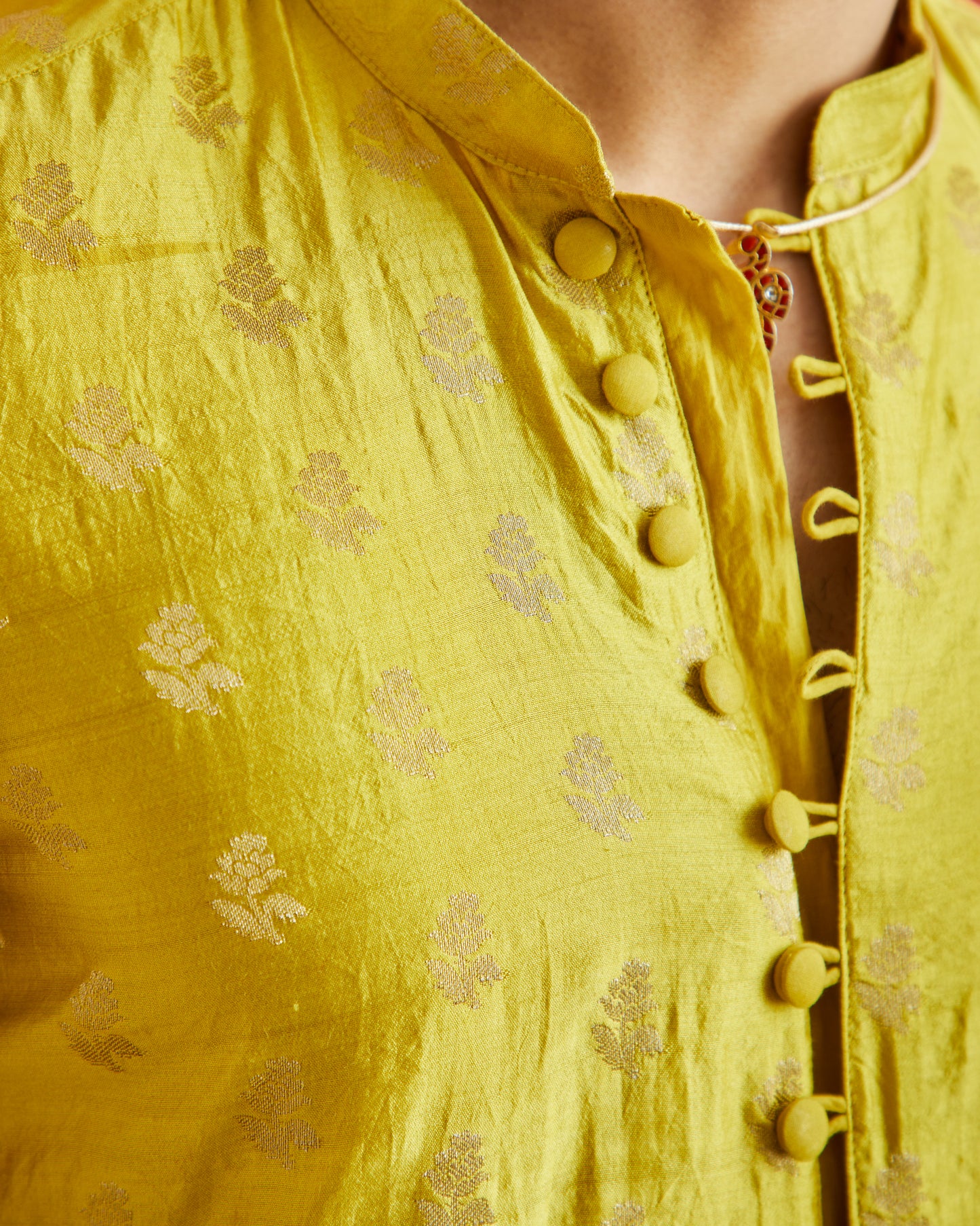 Yellow Munga Silk Handwoven Buta Kurta
