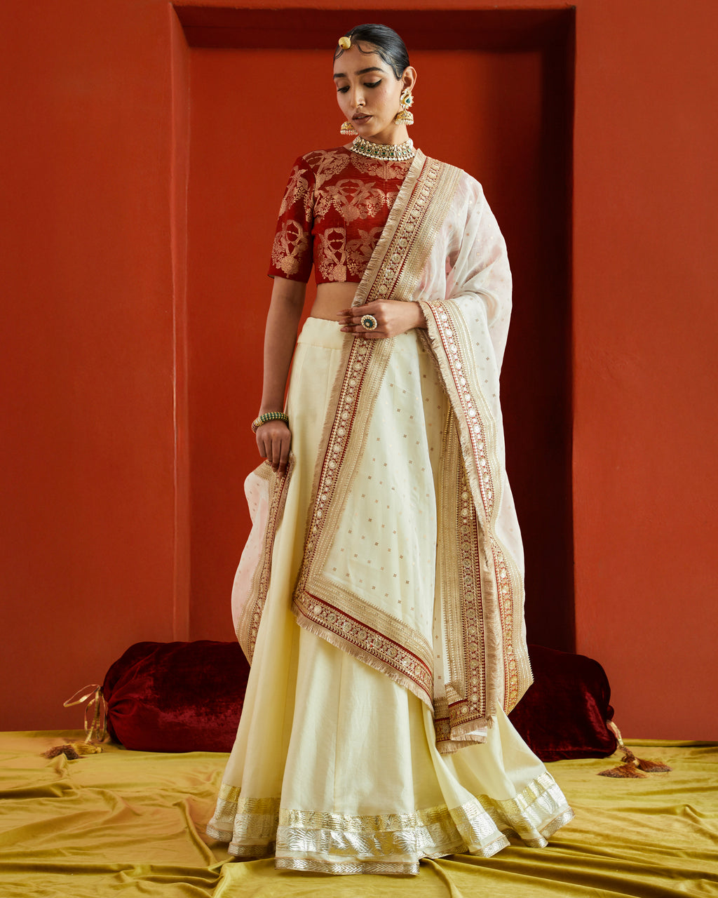 Pure Handwoven Silk Dupatta With Sandwiched Sequins And Red & Gold Woven Border With Fringe Lace