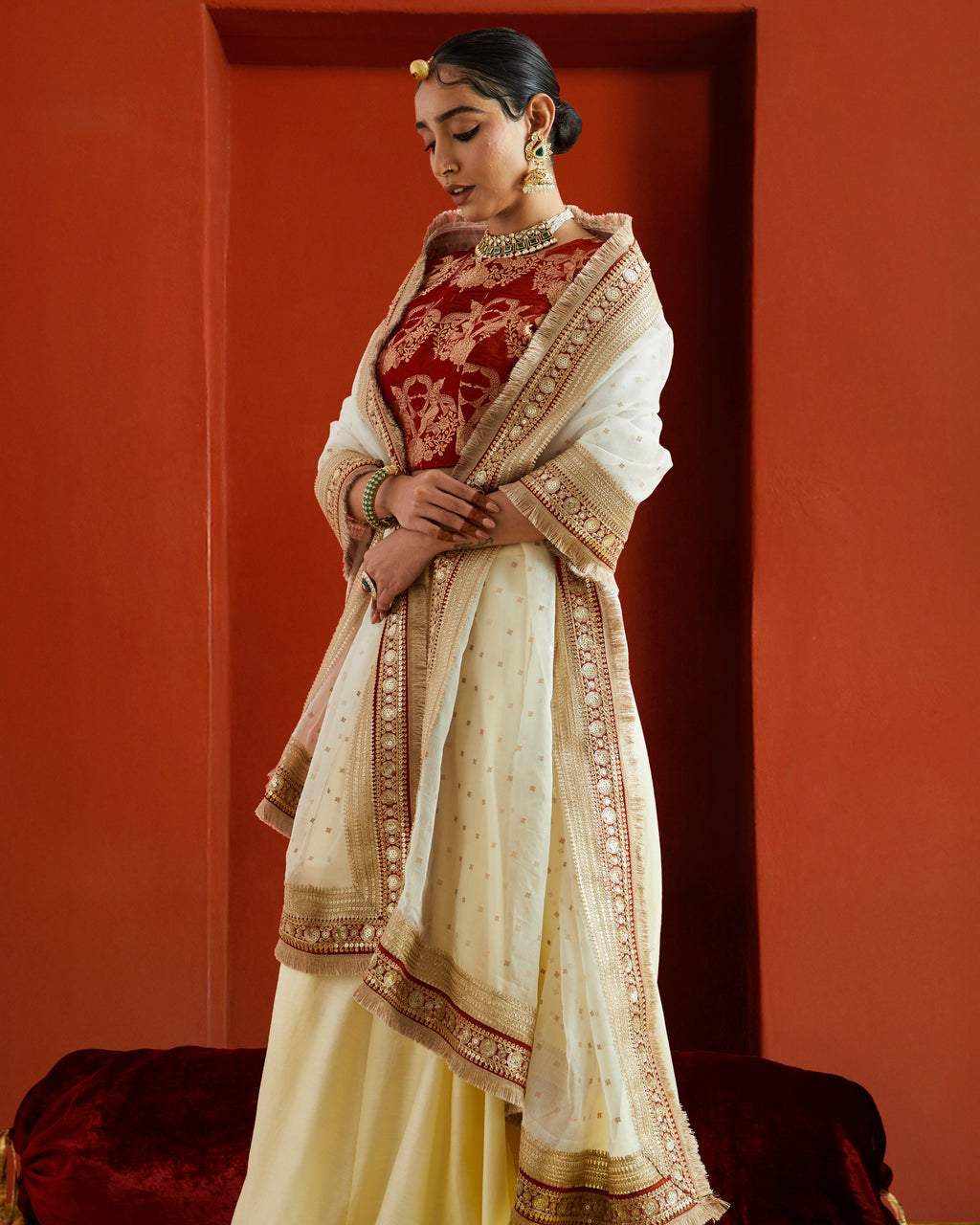 Pure Handwoven Silk Dupatta With Sandwiched Sequins And Red & Gold Woven Border With Fringe Lace