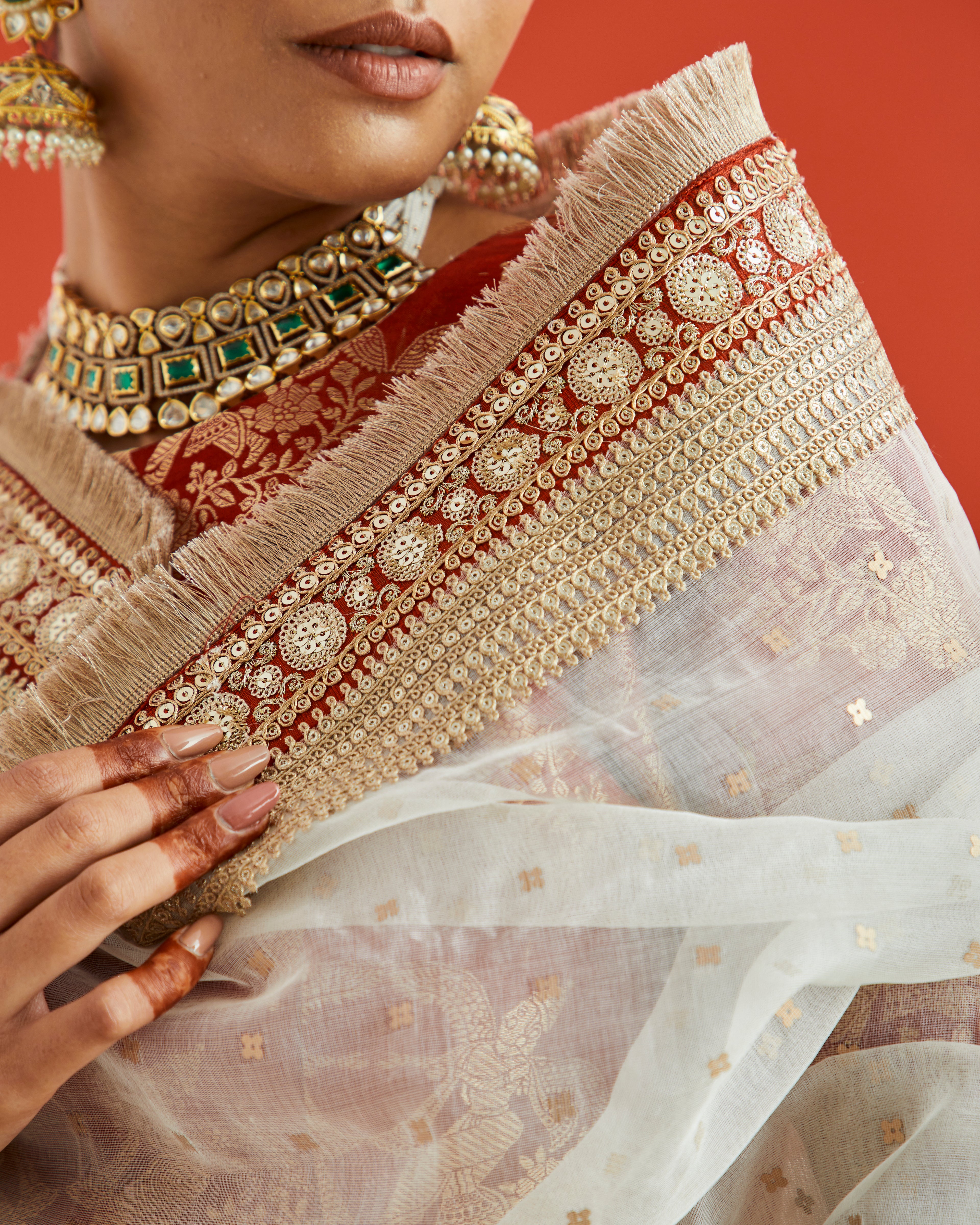 Pure Handwoven Silk Dupatta With Sandwiched Sequins And Red & Gold Woven Border With Fringe Lace
