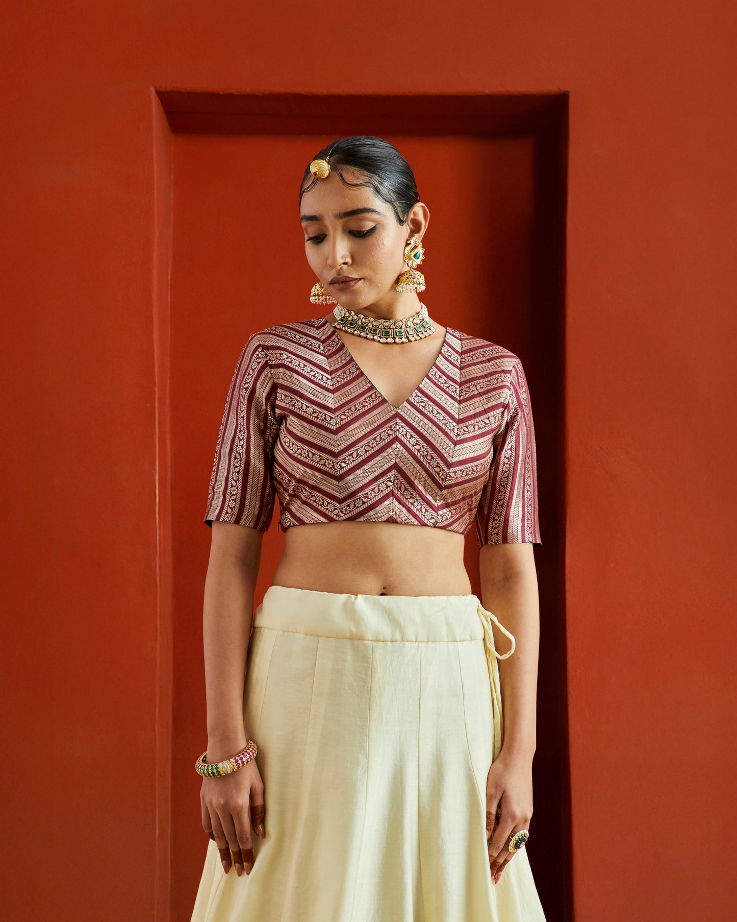 Maroon & Gold Striped Brocade V Neck Saree Blouse