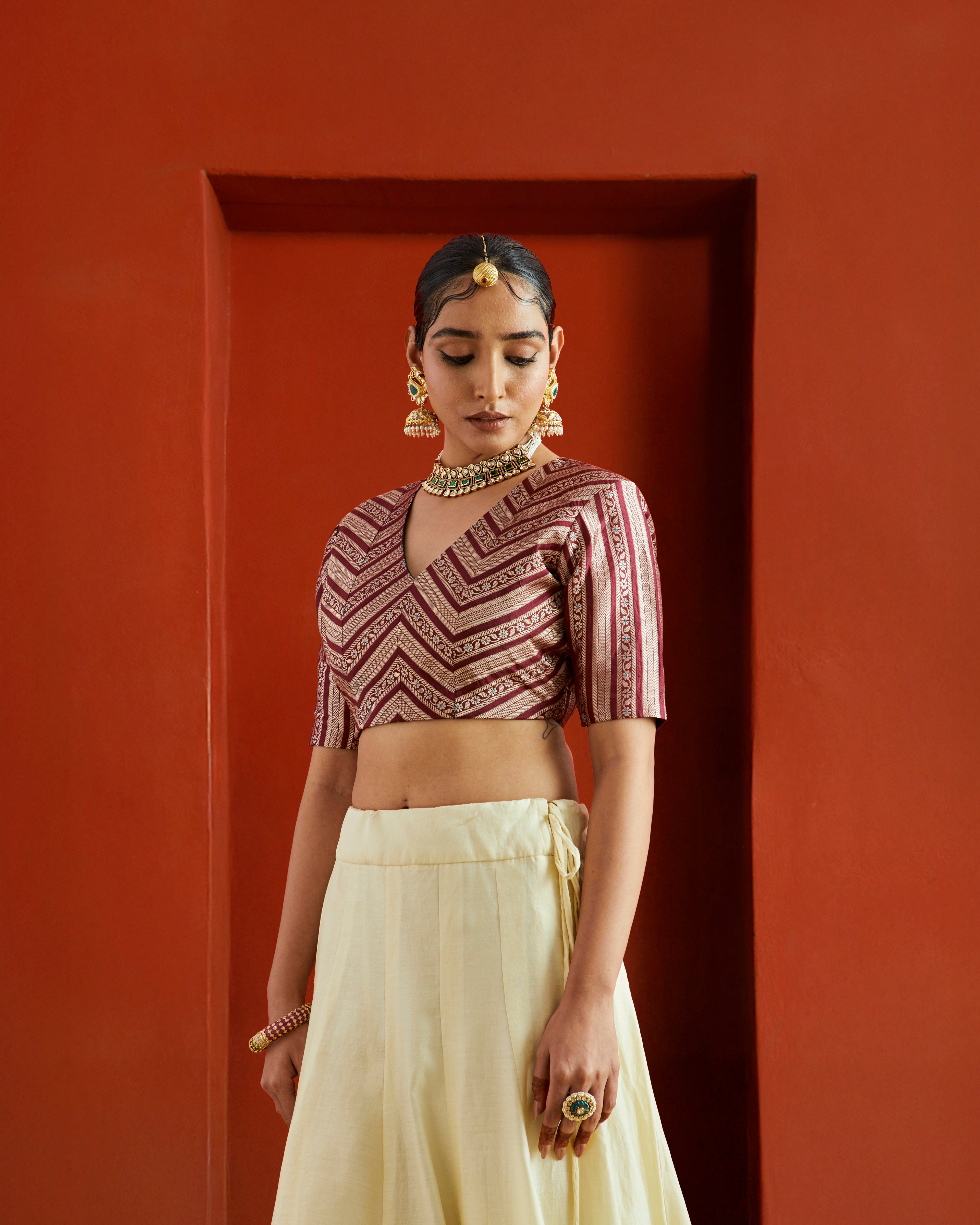 Maroon & Gold Striped Brocade V Neck Saree Blouse