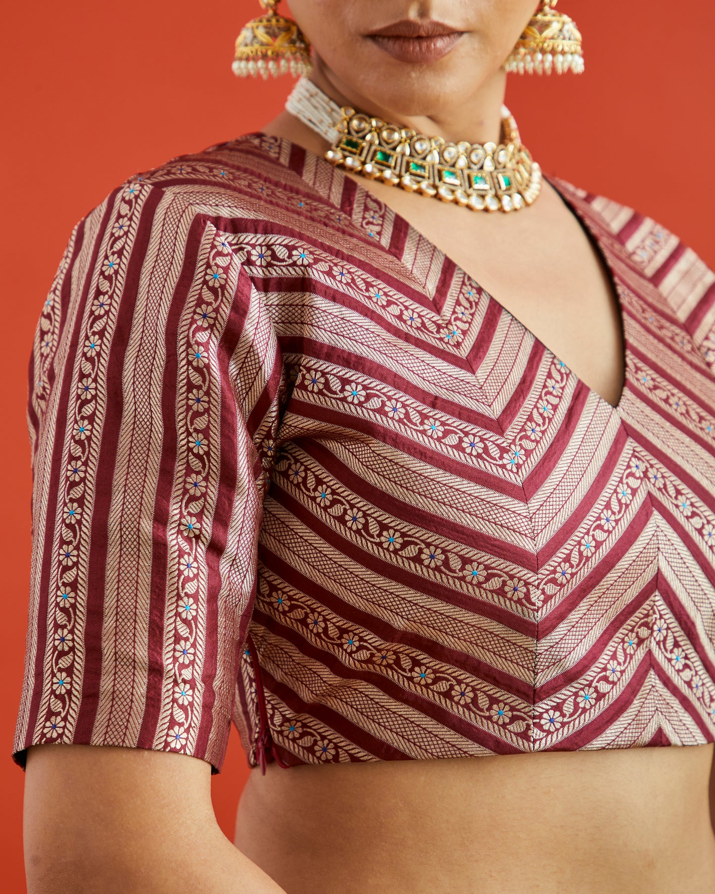Maroon & Gold Striped Brocade V Neck Saree Blouse