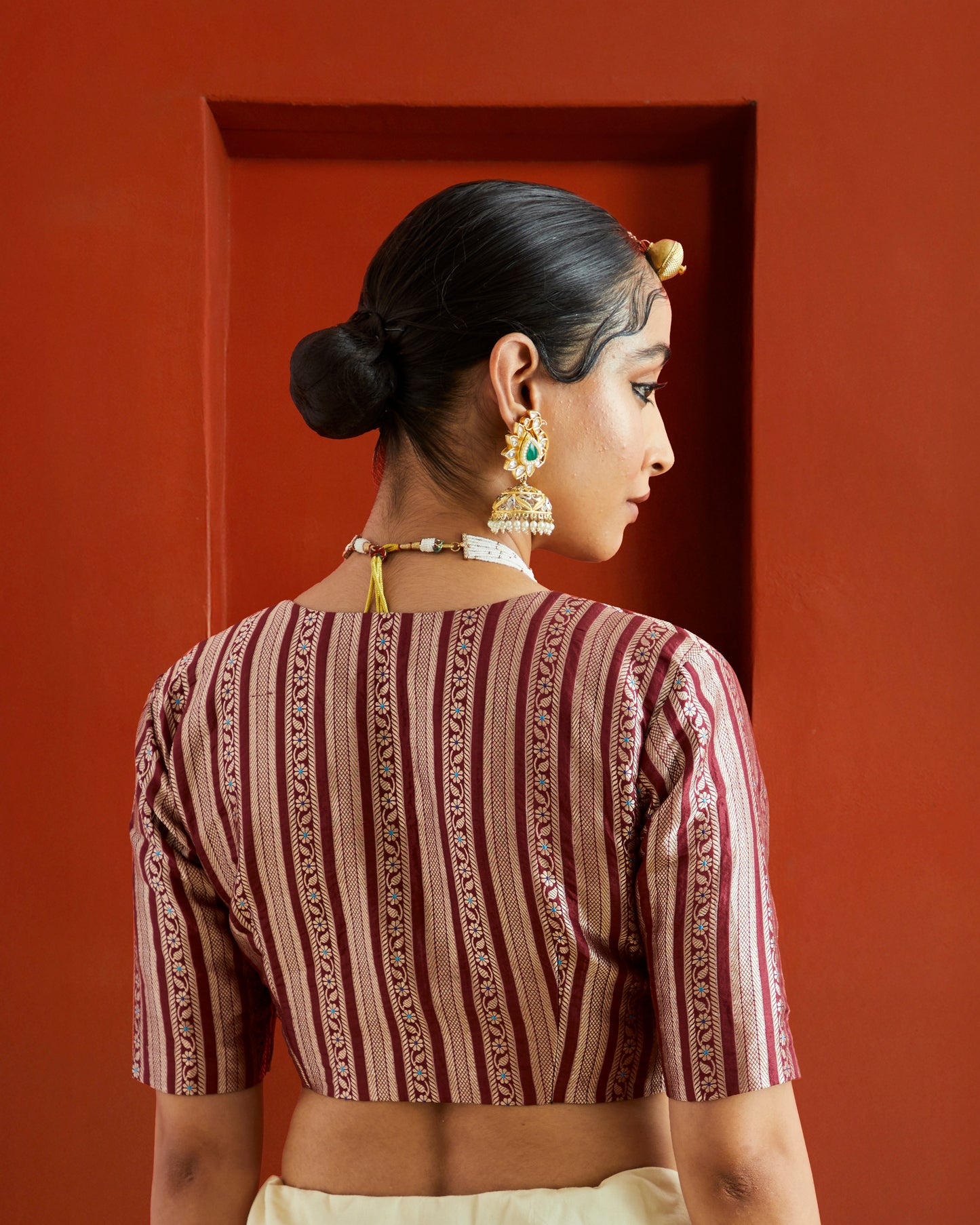 Maroon & Gold Striped Brocade V Neck Saree Blouse
