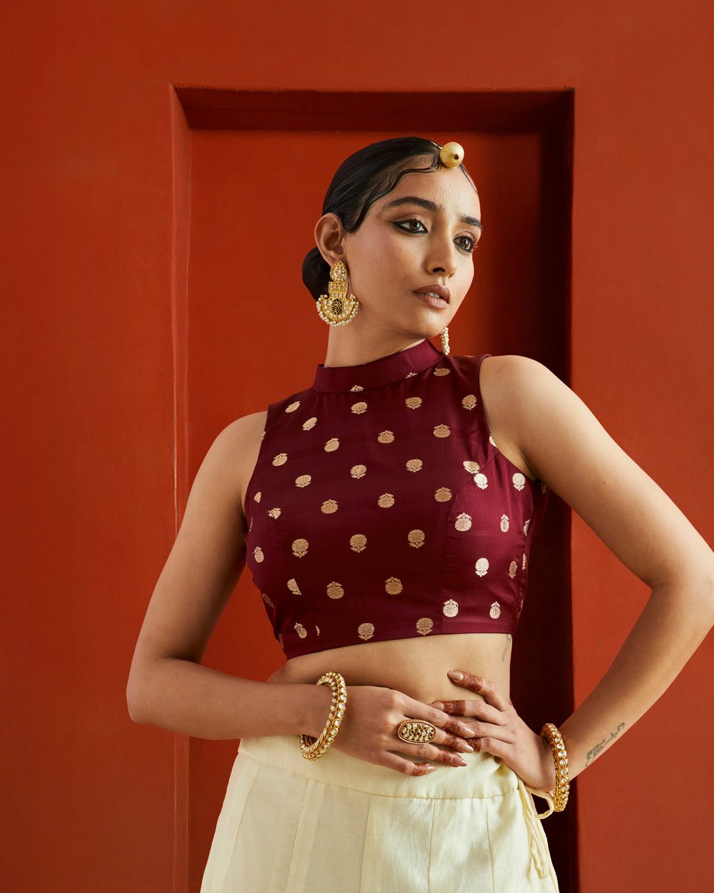 Maroon & Gold Buta Brocade High Neck Saree Blouse