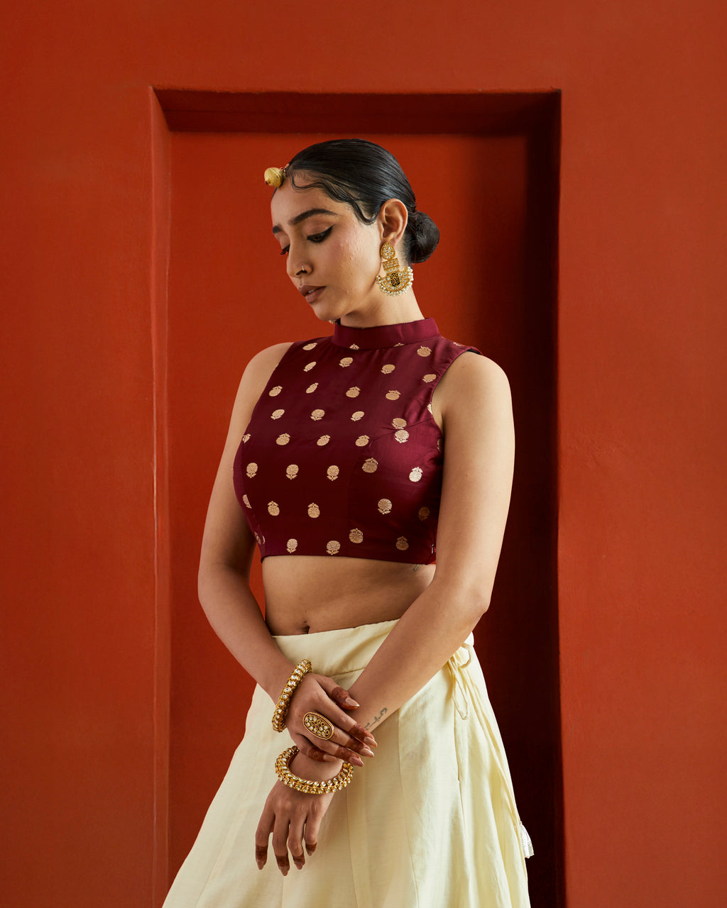 Maroon & Gold Buta Brocade High Neck Saree Blouse