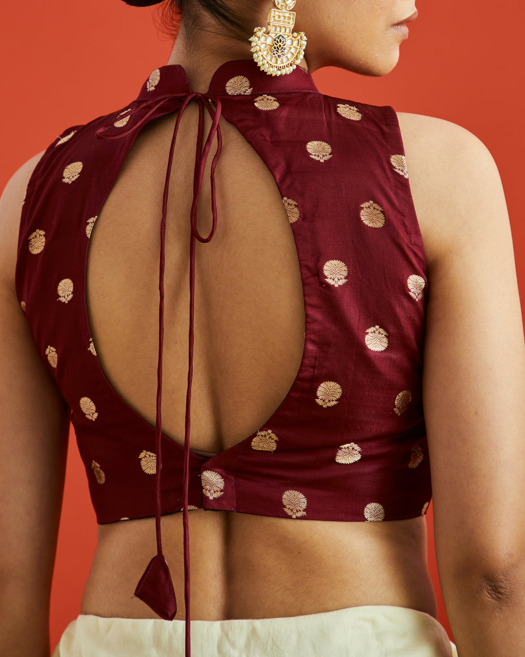 Maroon & Gold Buta Brocade High Neck Saree Blouse