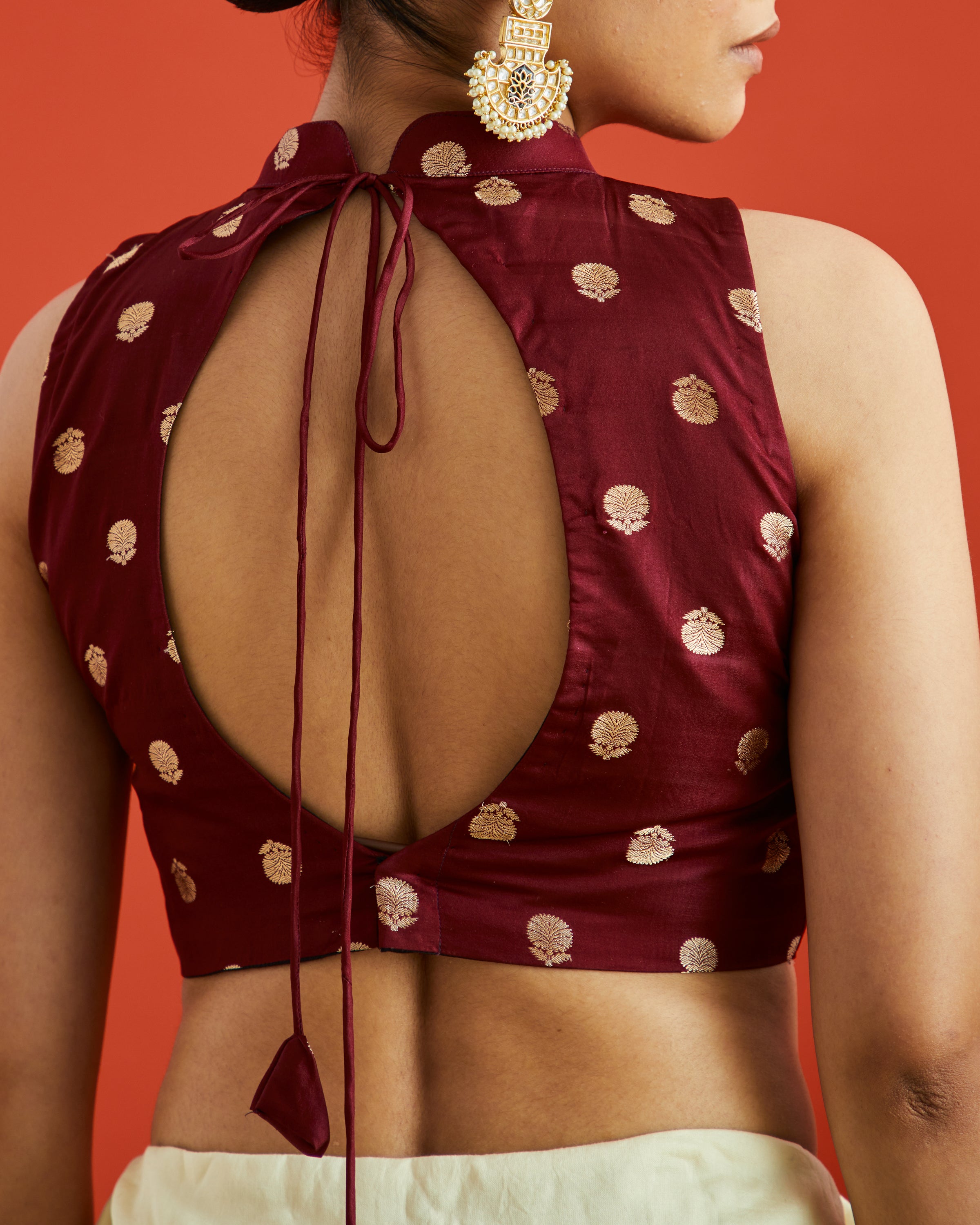 Maroon & Gold Buta Brocade High Neck Saree Blouse
