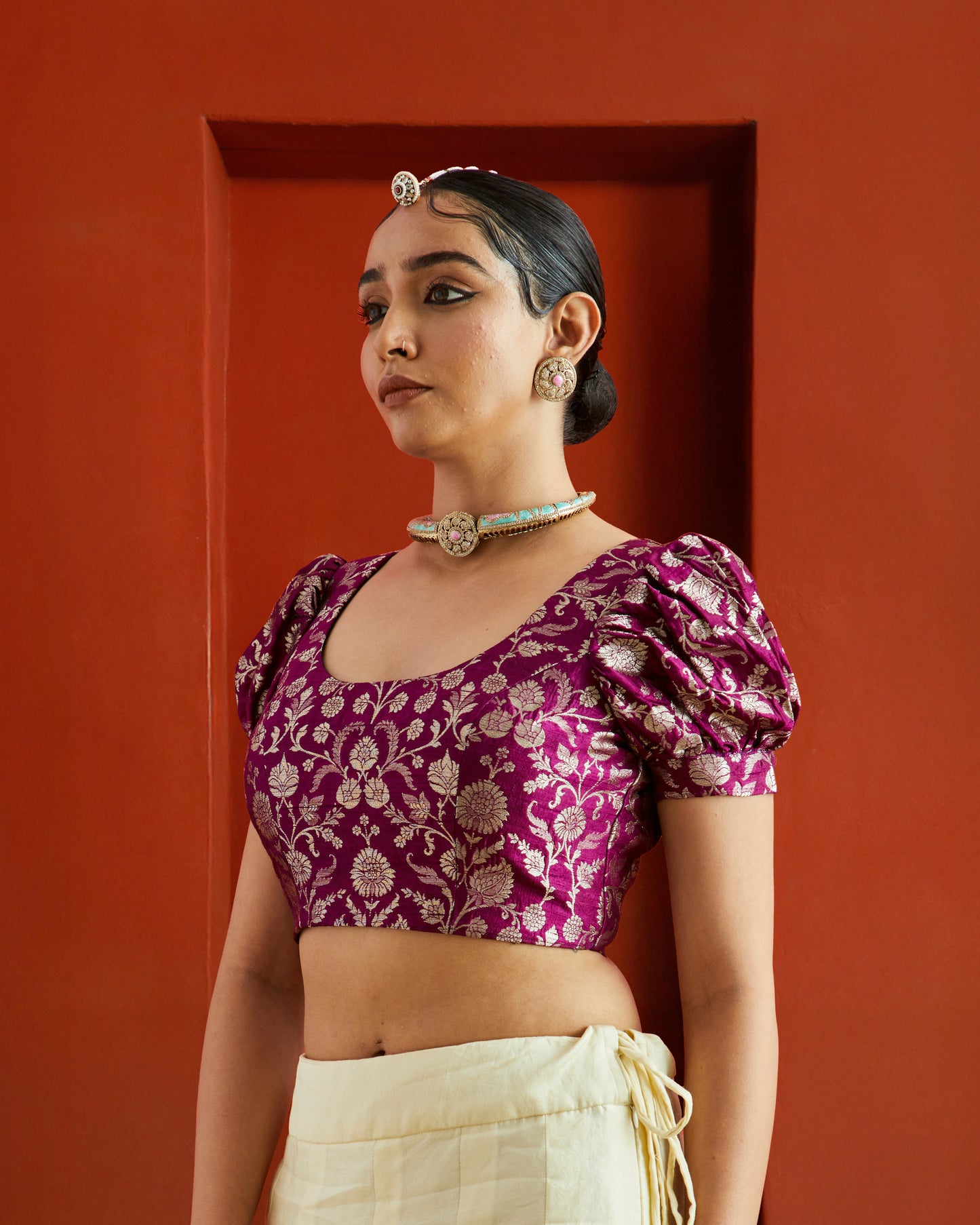 Purple & Gold Floral Brocade Puff Sleeve Saree Blouse