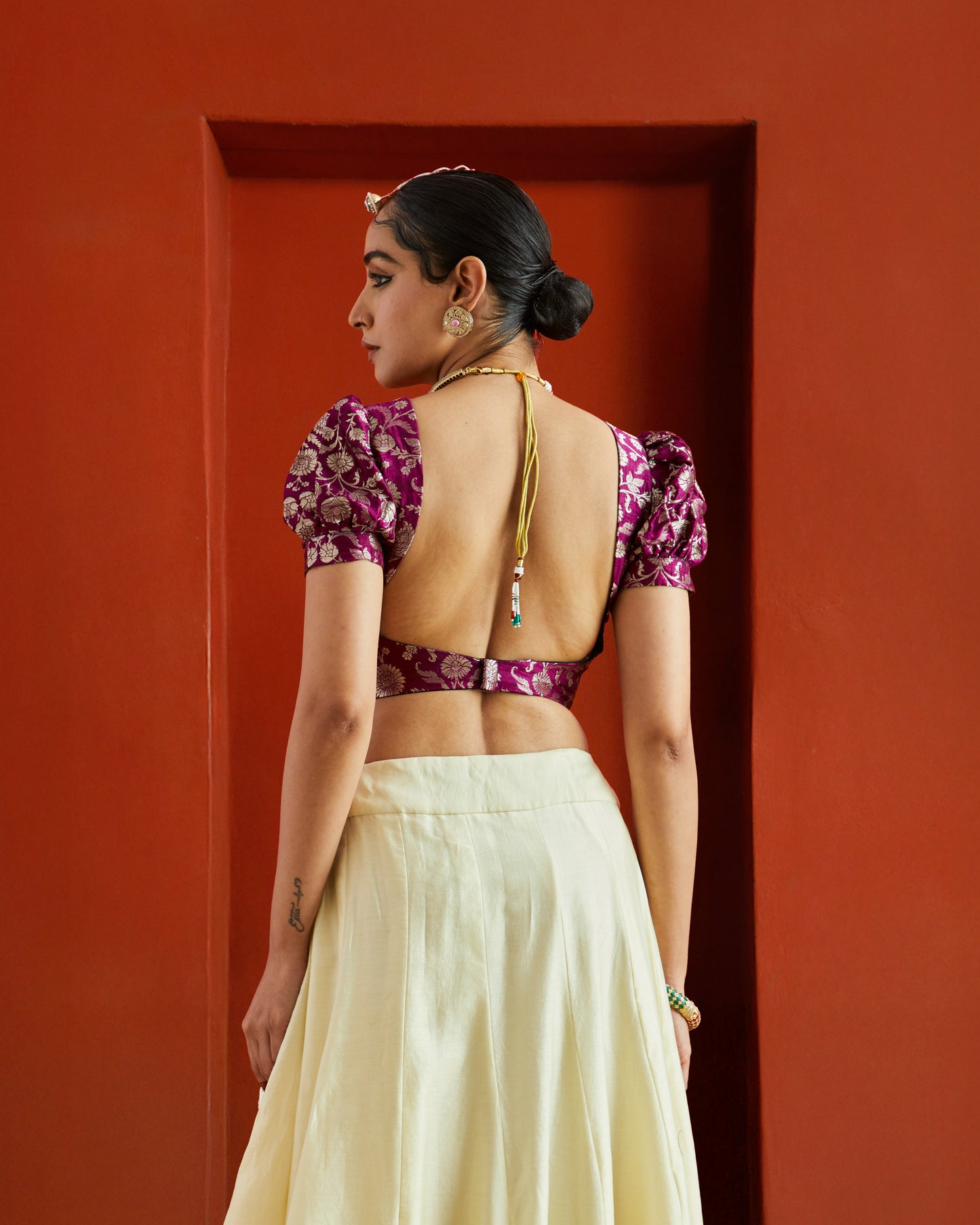 Purple & Gold Floral Brocade Puff Sleeve Saree Blouse