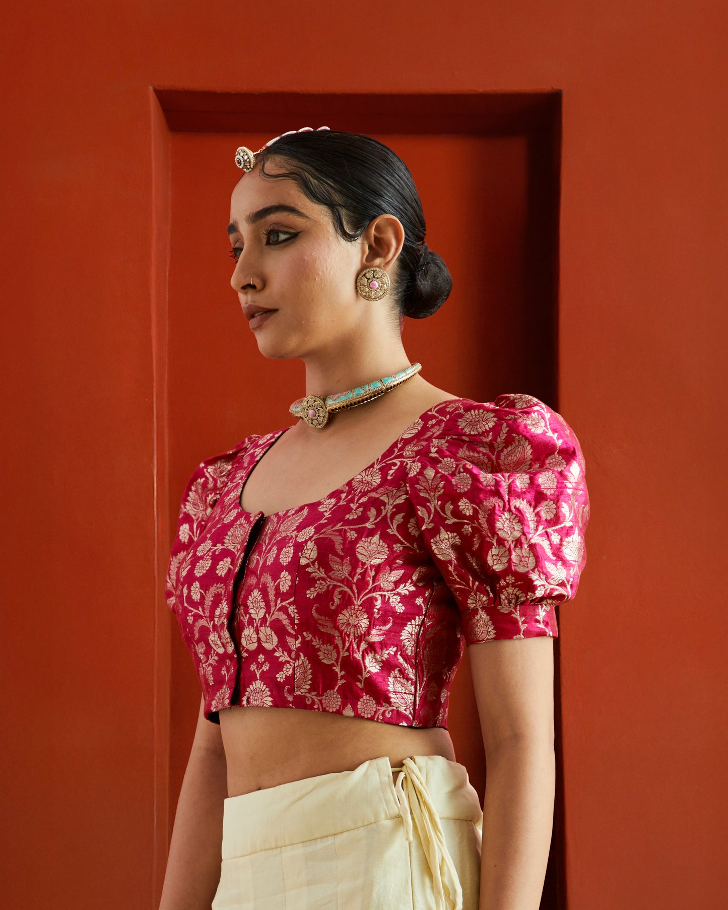 Pink & Gold Floral Brocade Puff Sleeve Saree Blouse