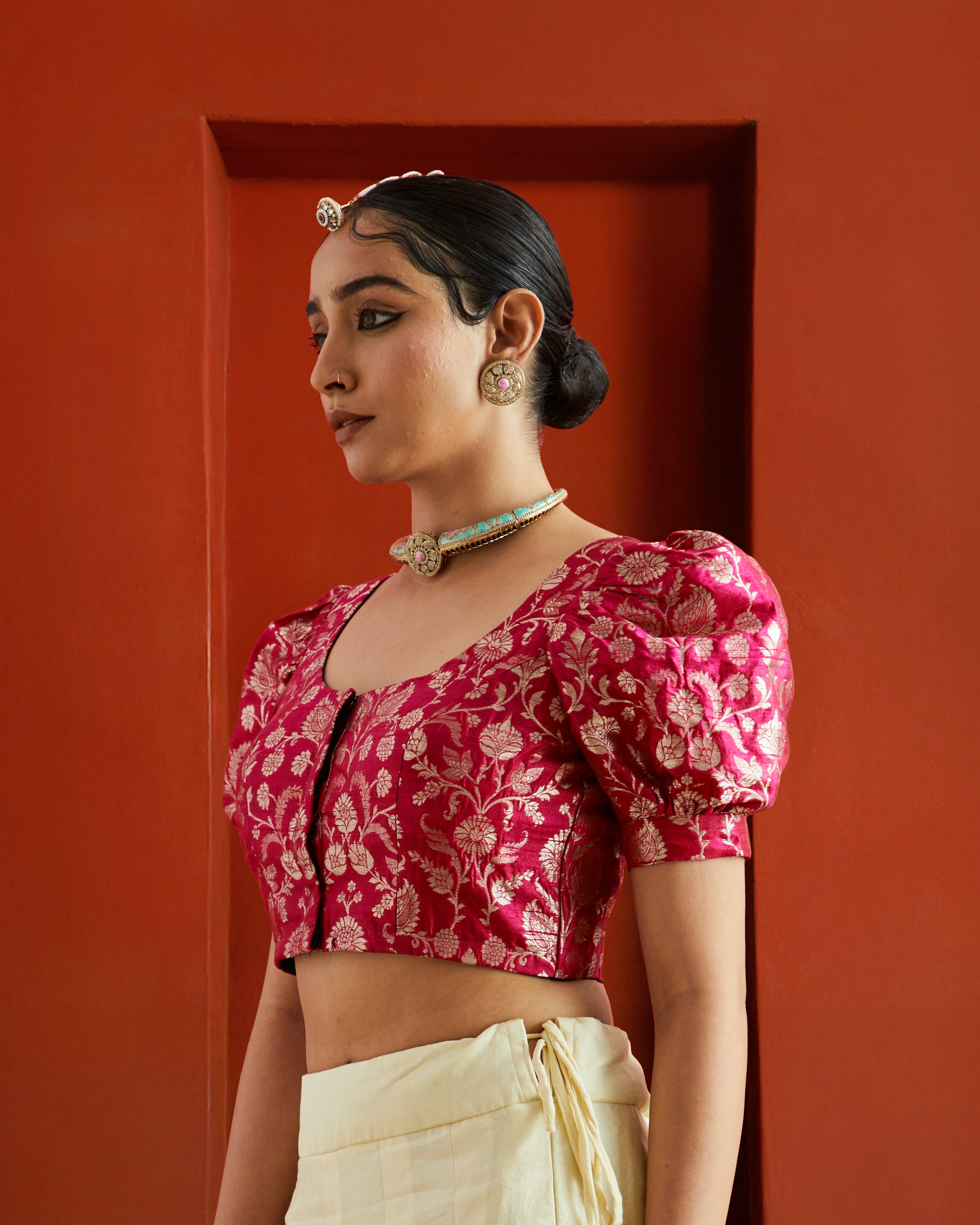 Pink & Gold Floral Brocade Puff Sleeve Saree Blouse