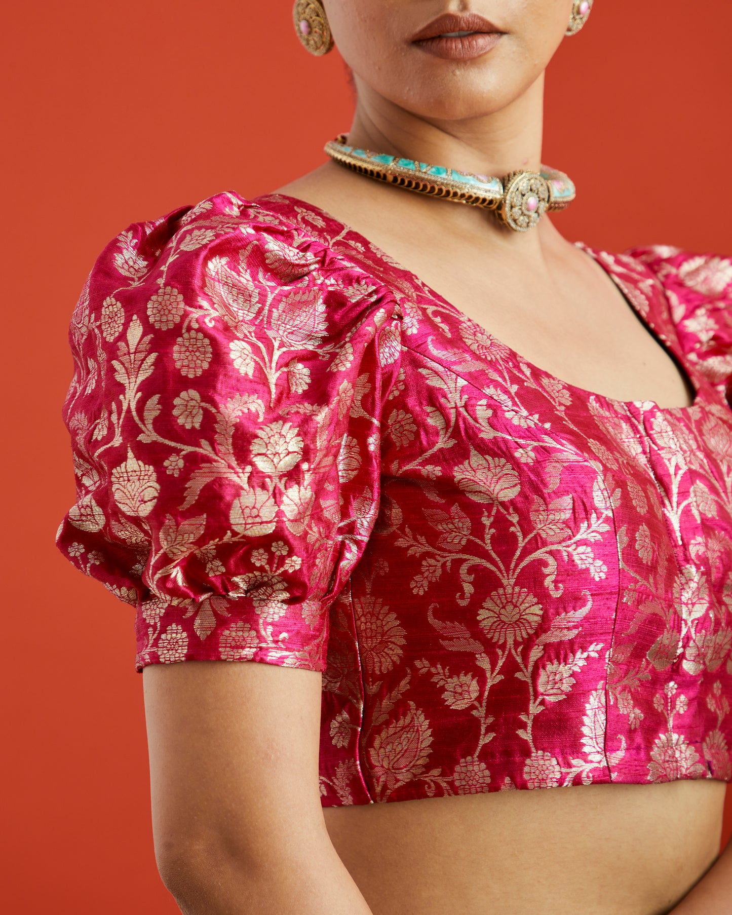Pink & Gold Floral Brocade Puff Sleeve Saree Blouse