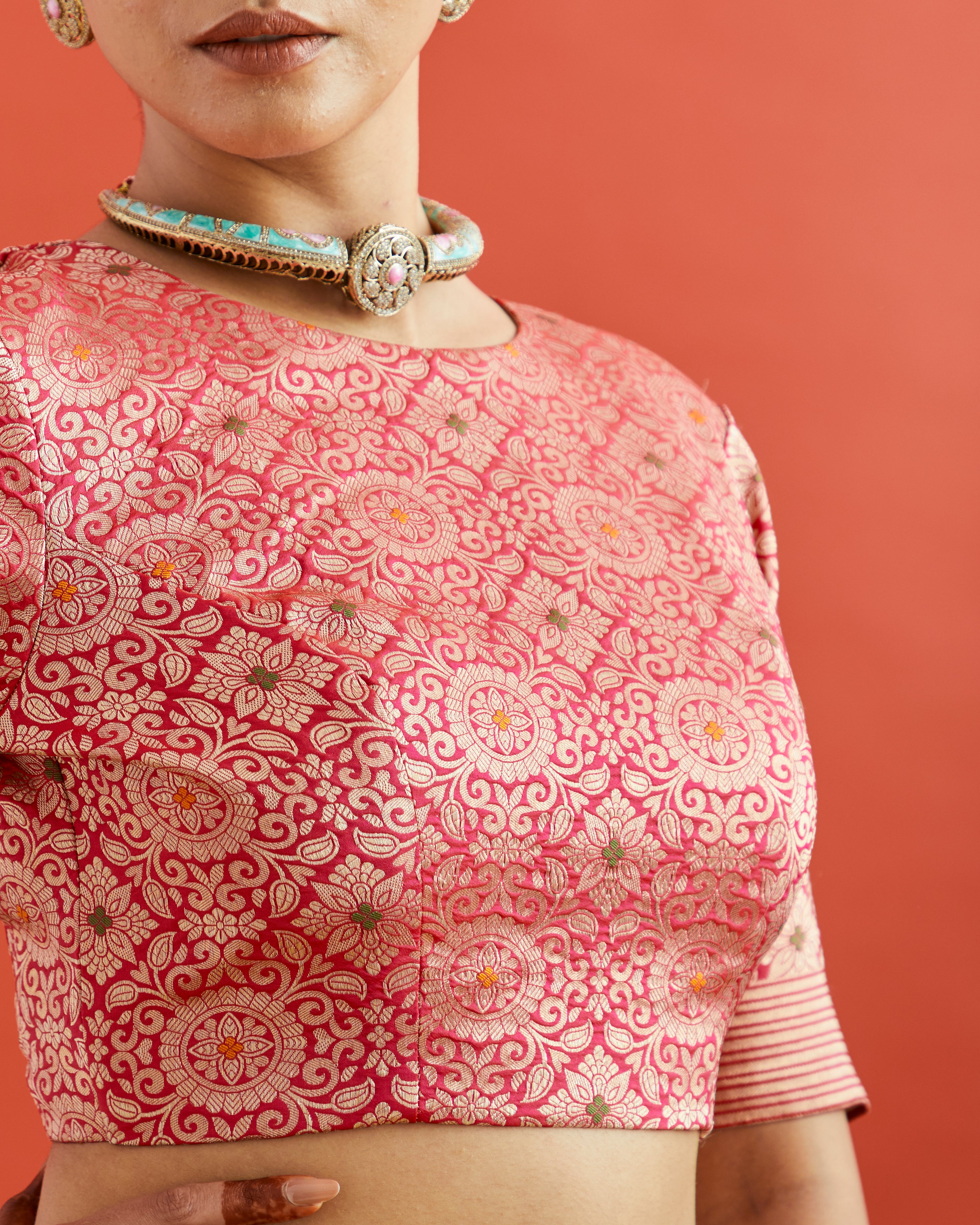 Pink & Gold Geometric Brocade Round Neck  Saree Blouse