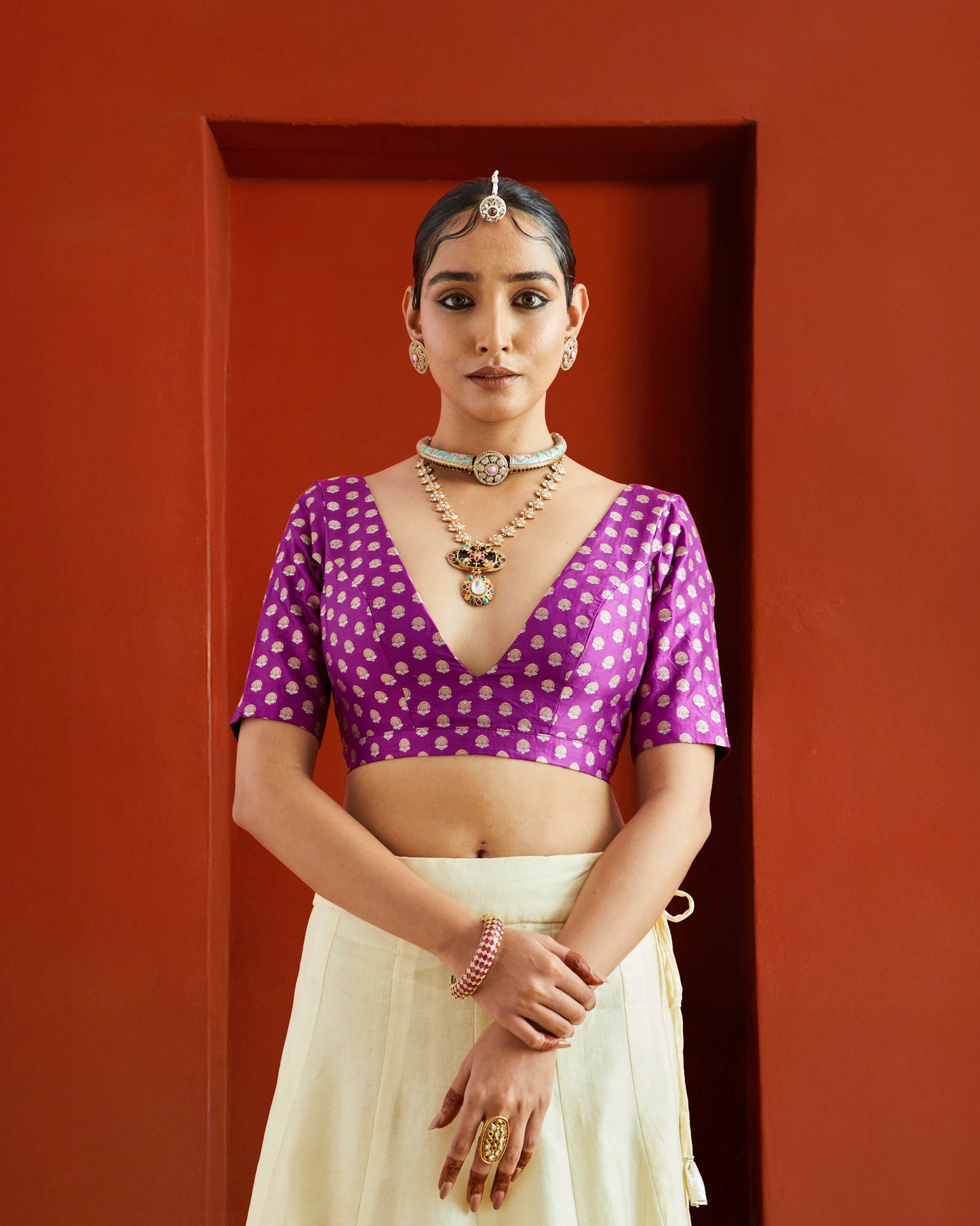 Purple & Gold Buta Brocade Deep Neck Saree Blouse