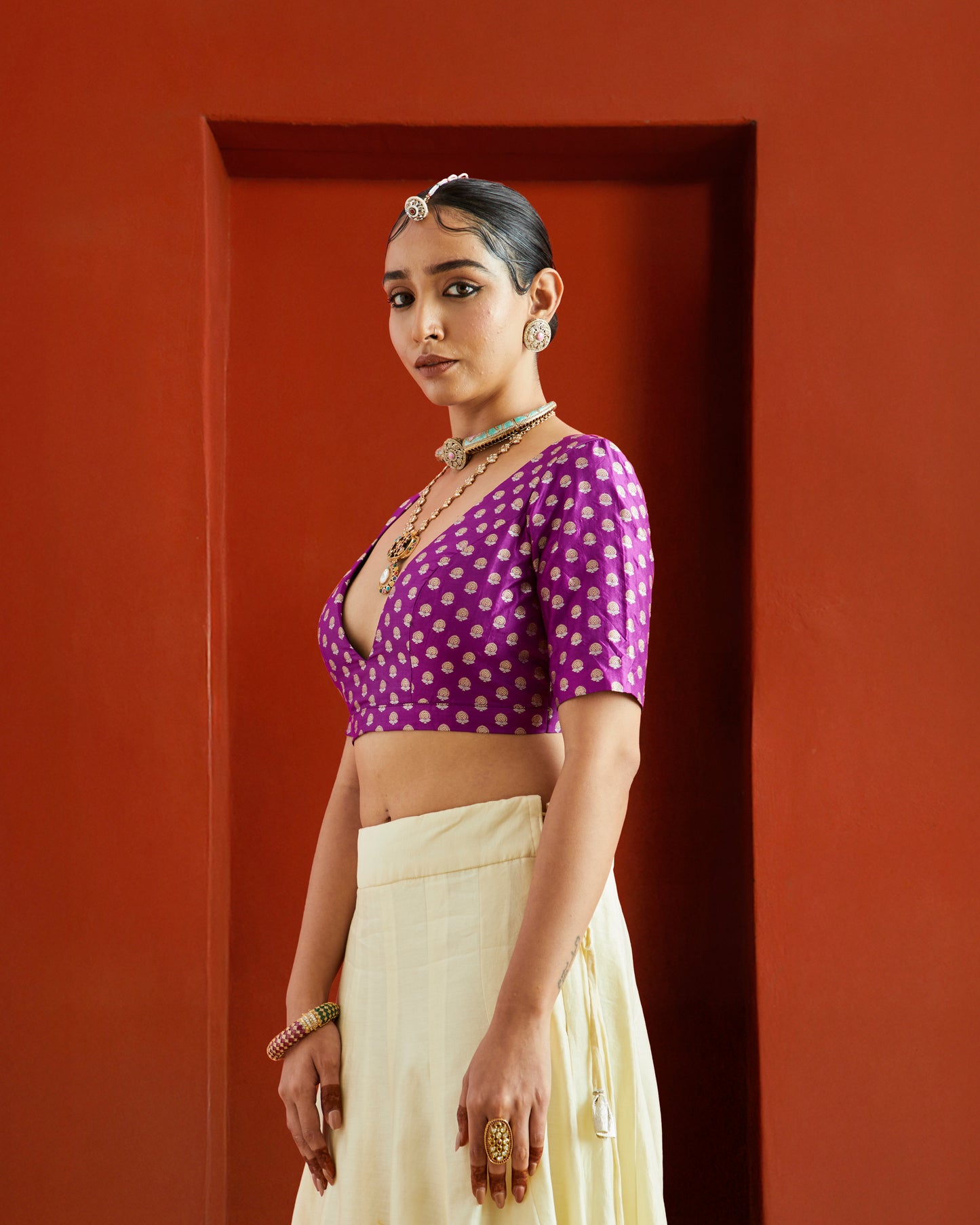 Purple & Gold Buta Brocade Deep Neck Saree Blouse