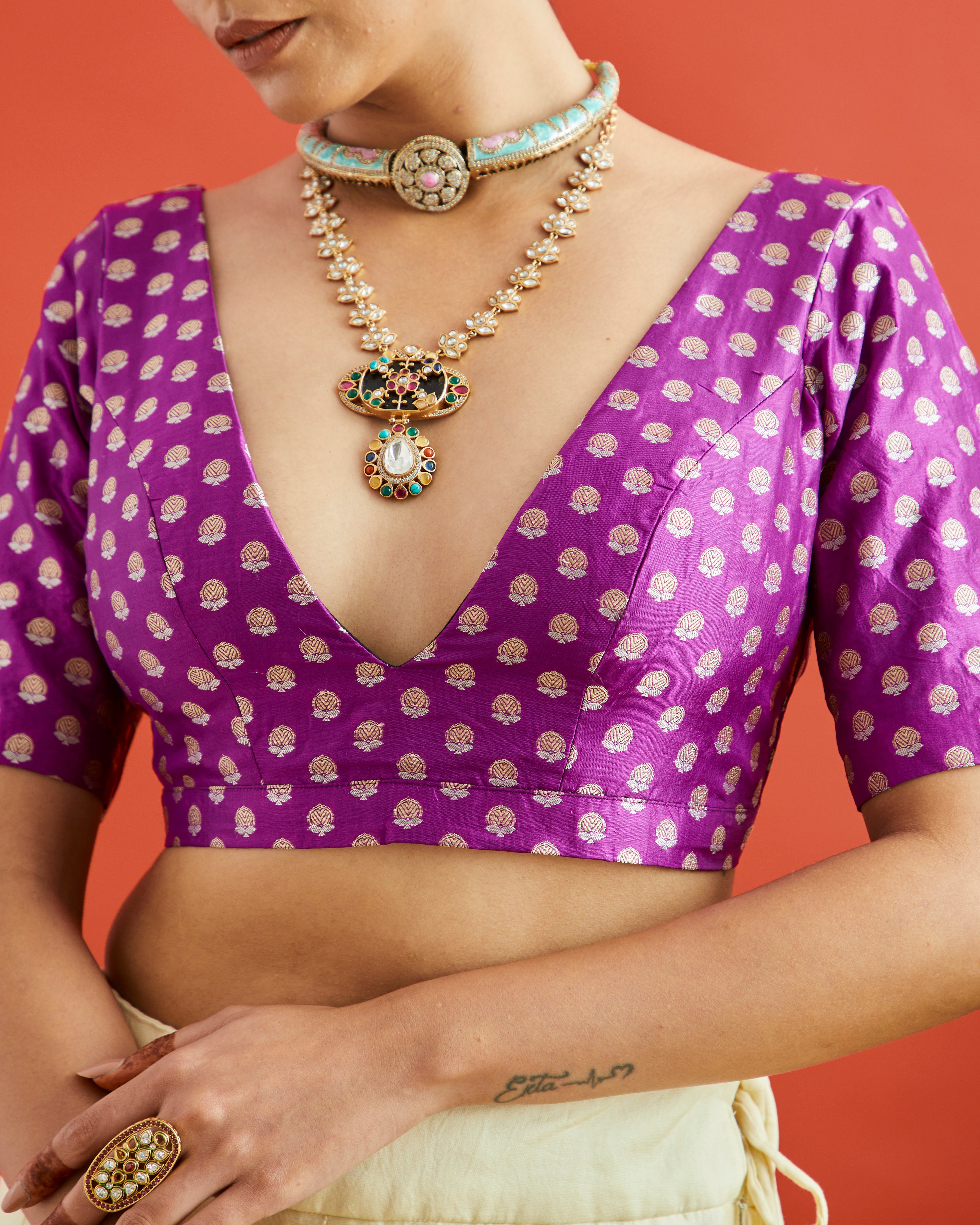 Purple & Gold Buta Brocade Deep Neck Saree Blouse