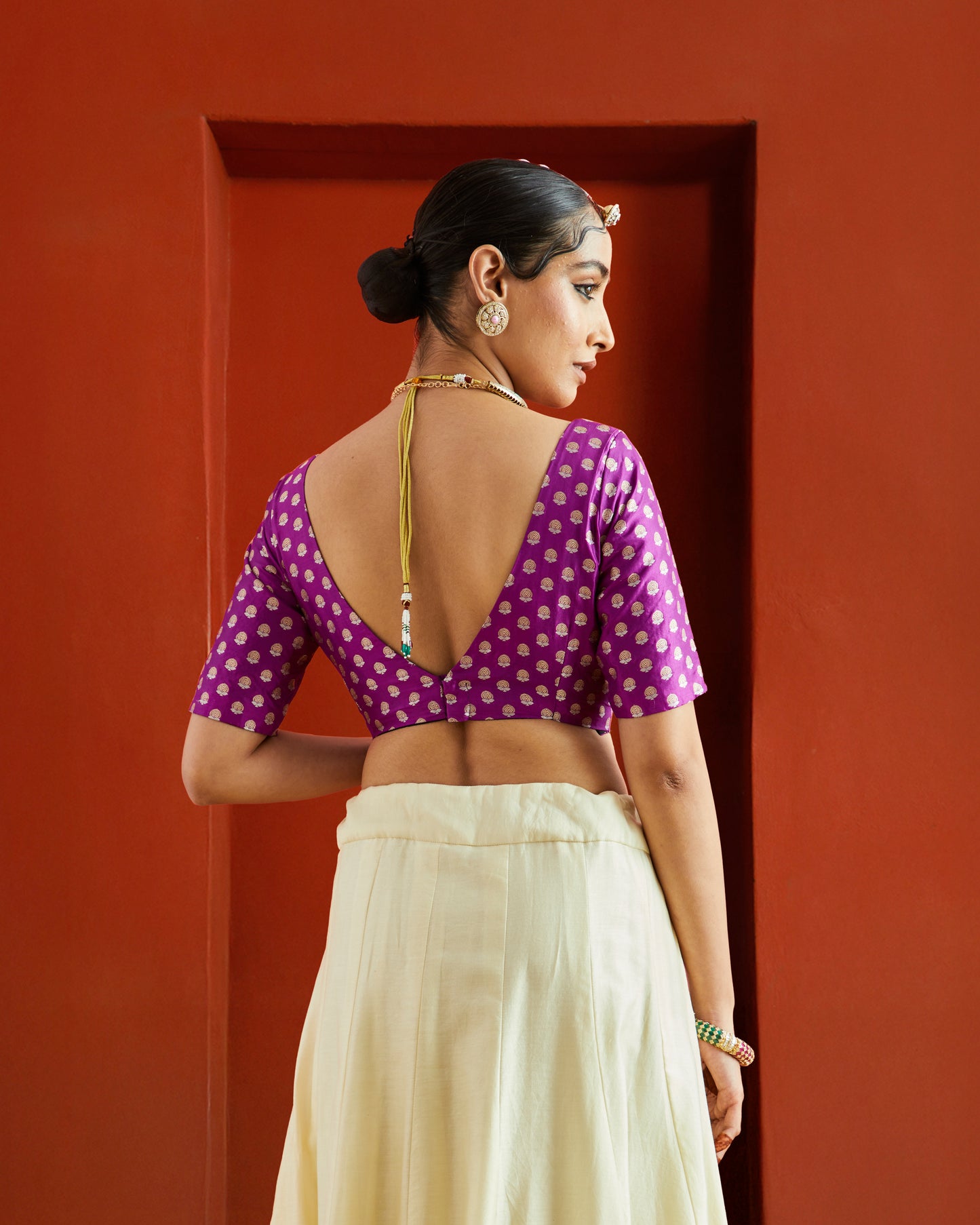 Purple & Gold Buta Brocade Deep Neck Saree Blouse