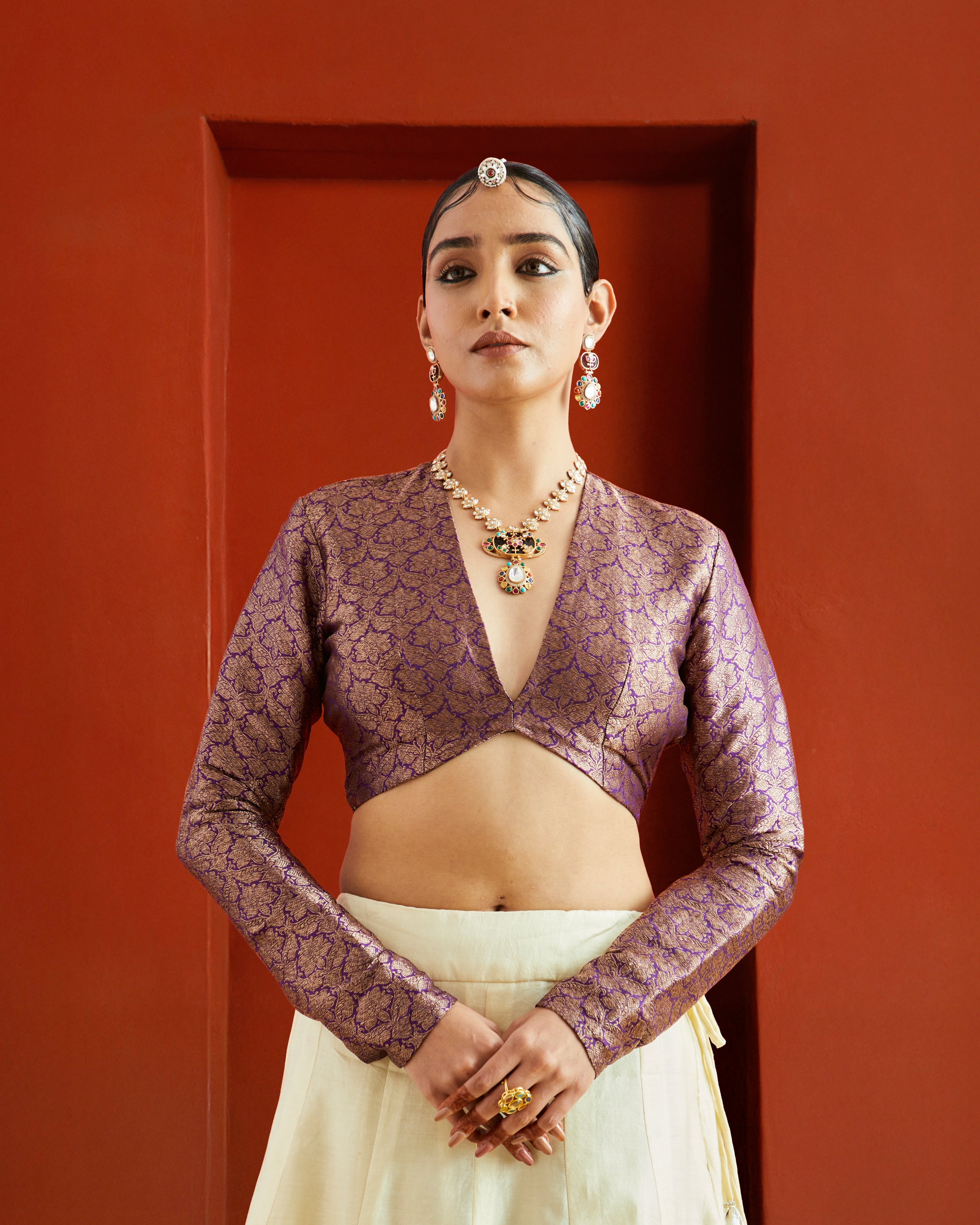 Purple & Gold Jaal Brocade Full Sleeve Saree Blouse