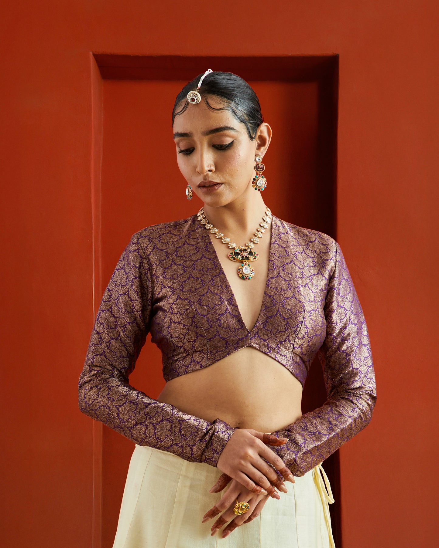 Purple & Gold Jaal Brocade Full Sleeve Saree Blouse