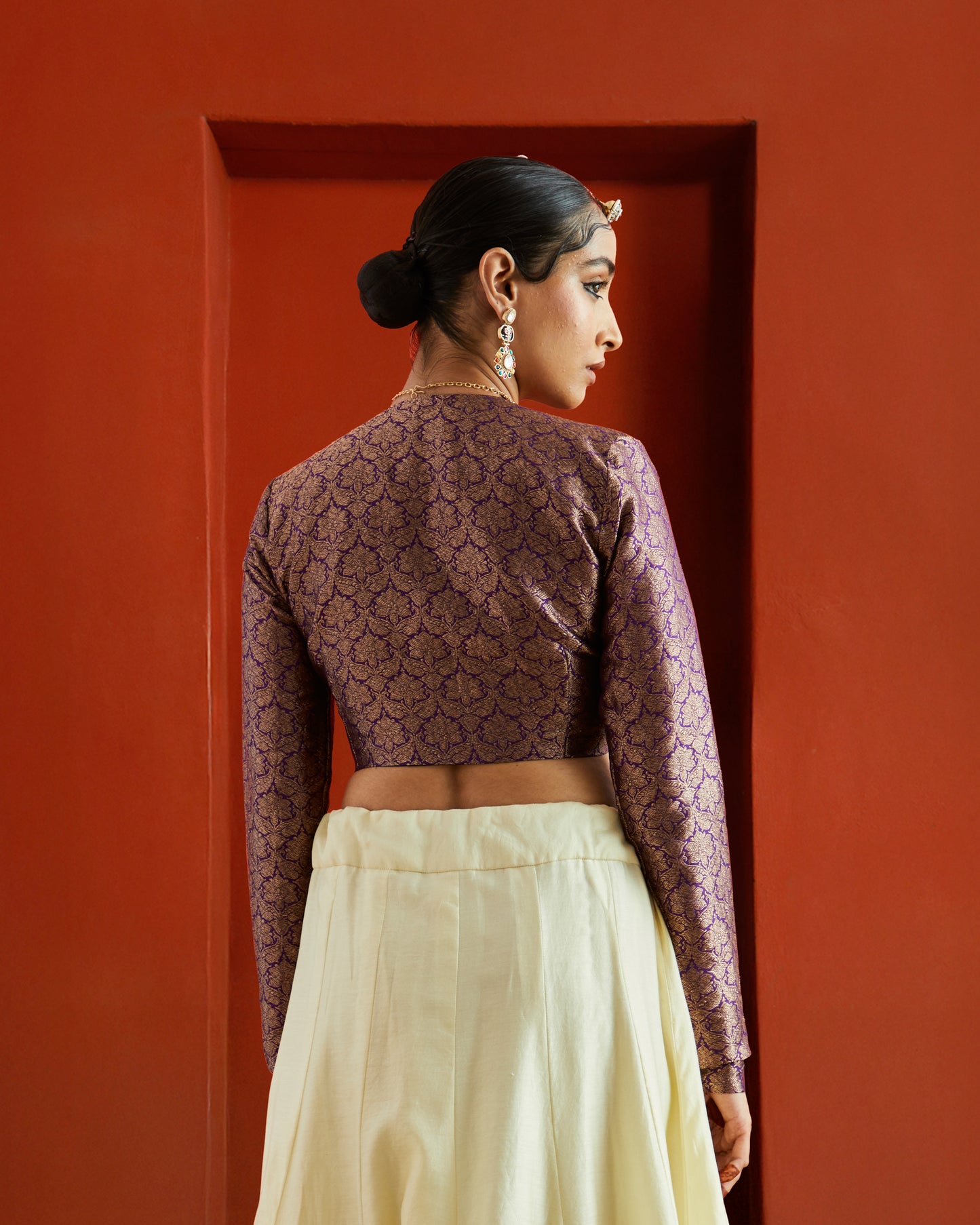 Purple & Gold Jaal Brocade Full Sleeve Saree Blouse