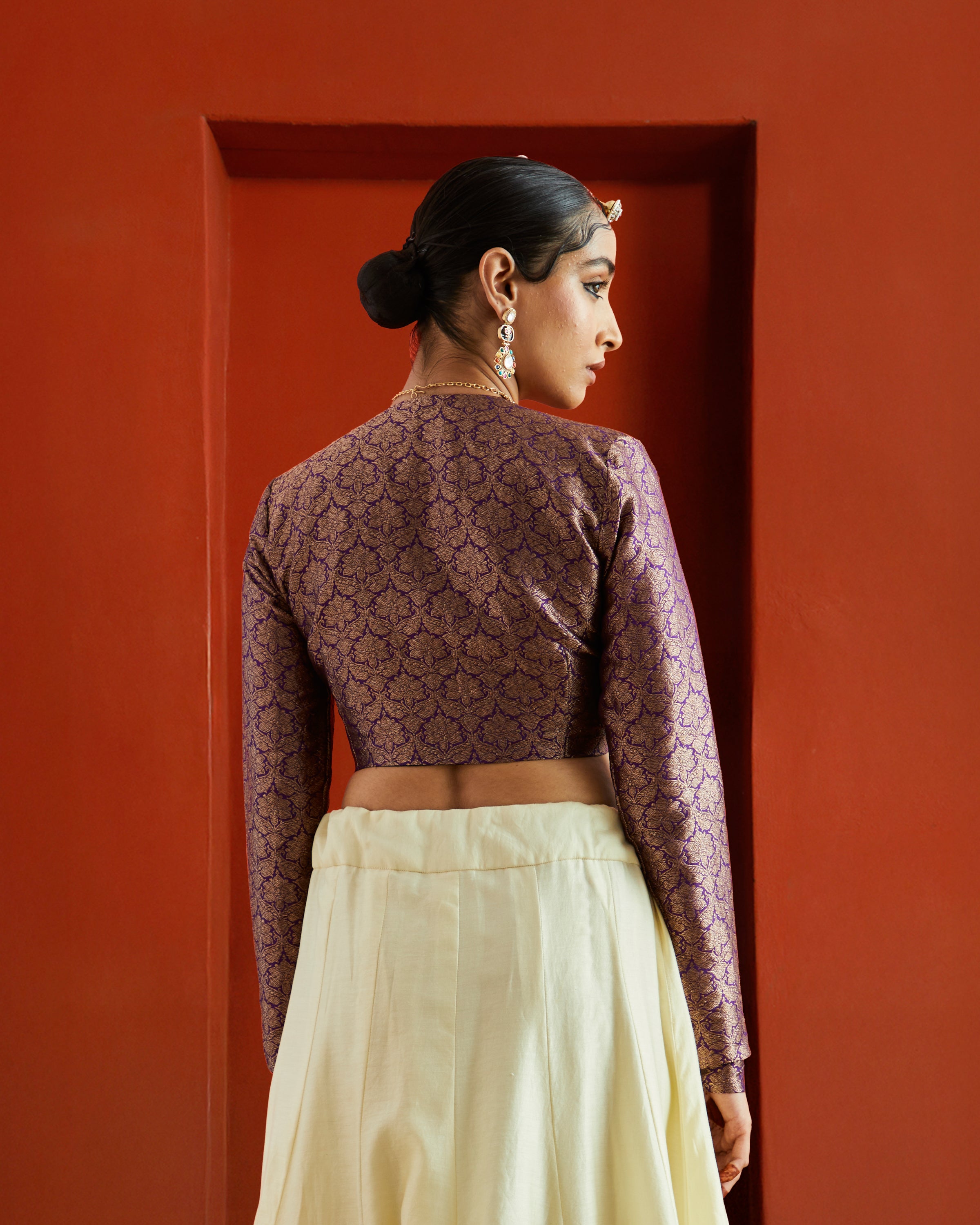 Purple & Gold Jaal Brocade Full Sleeve Saree Blouse
