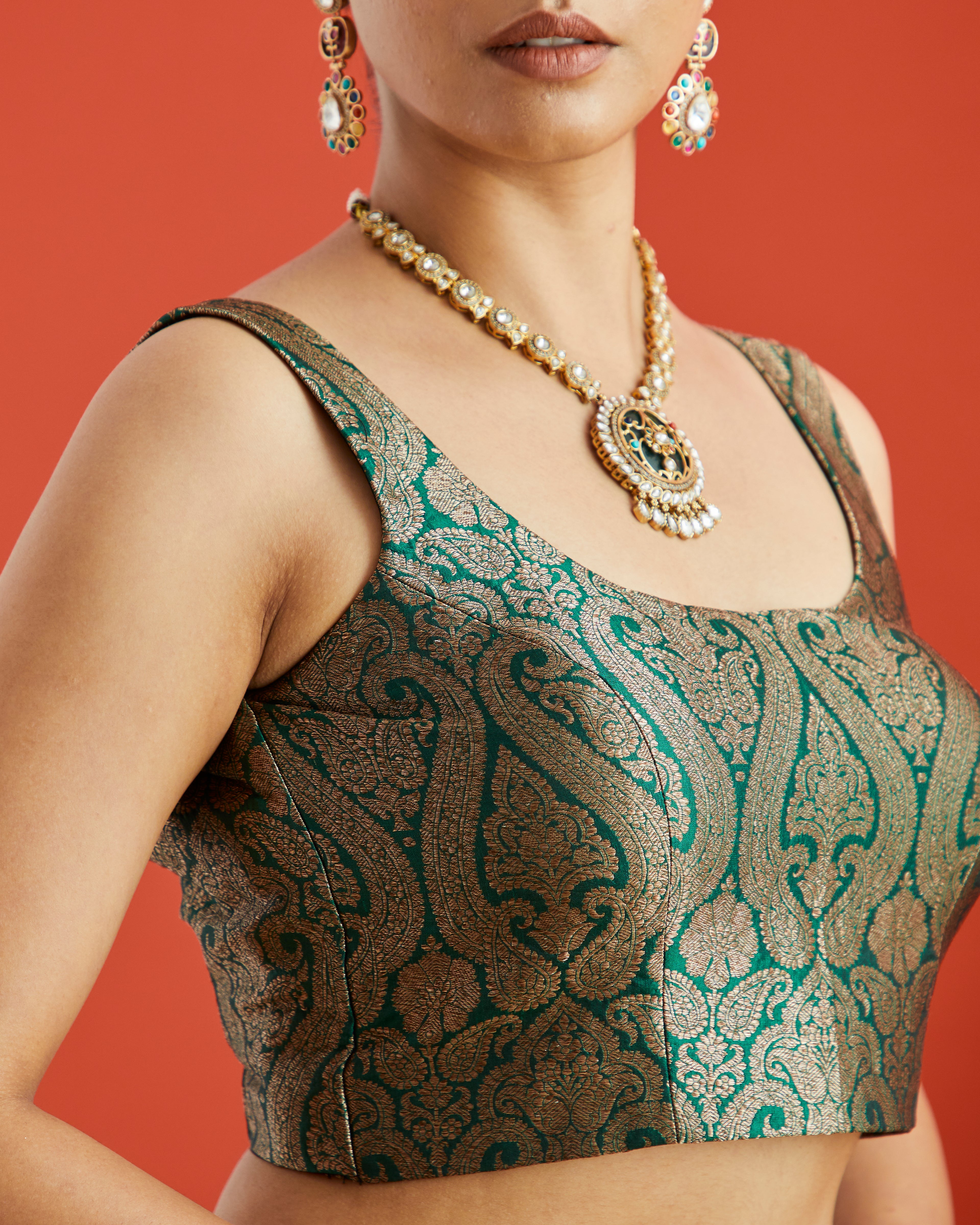 Green & Gold Paisley Brocade Sleeveless Saree Blouse