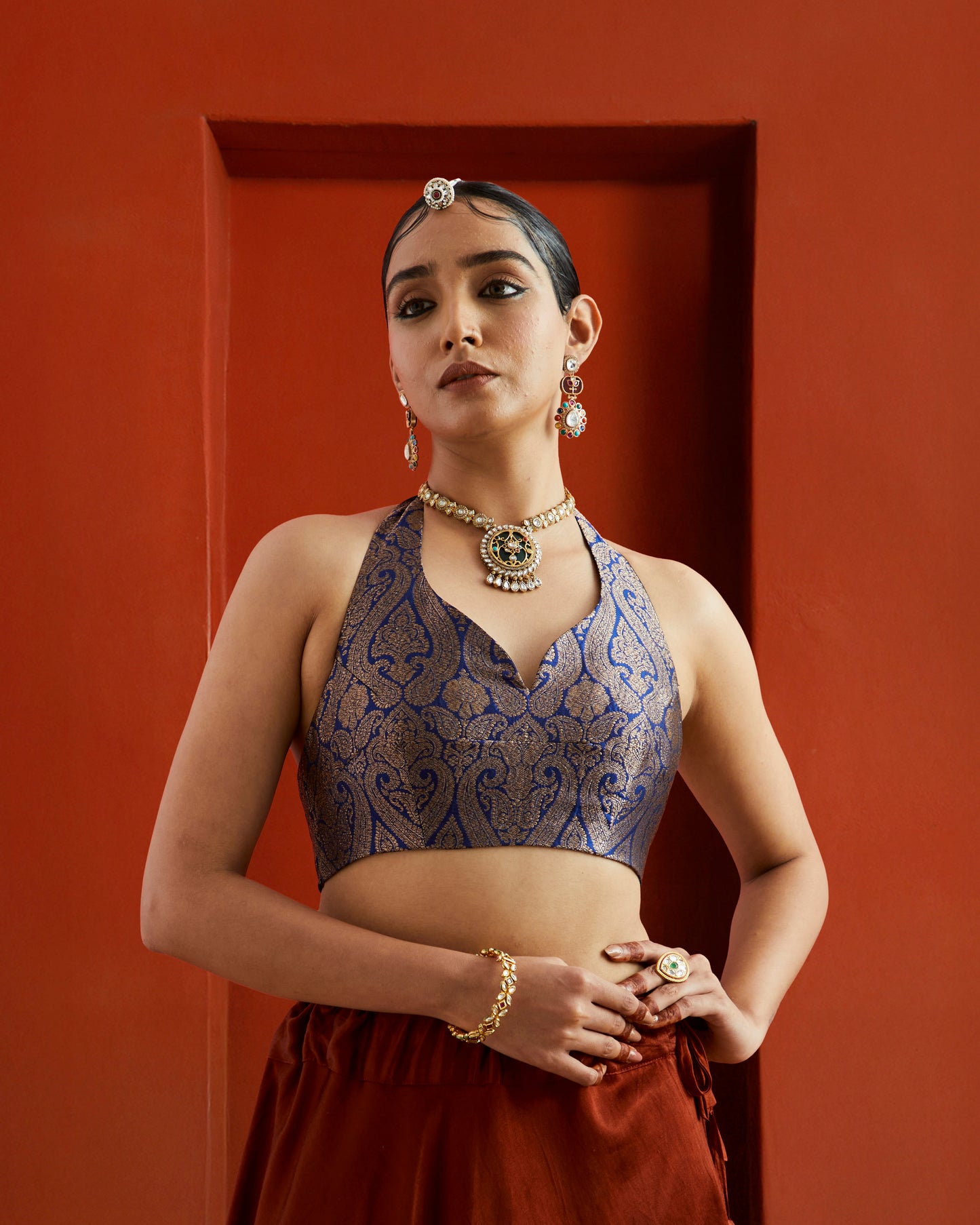 Blue & Gold Paisley Brocade Halter Neck Saree Blouse