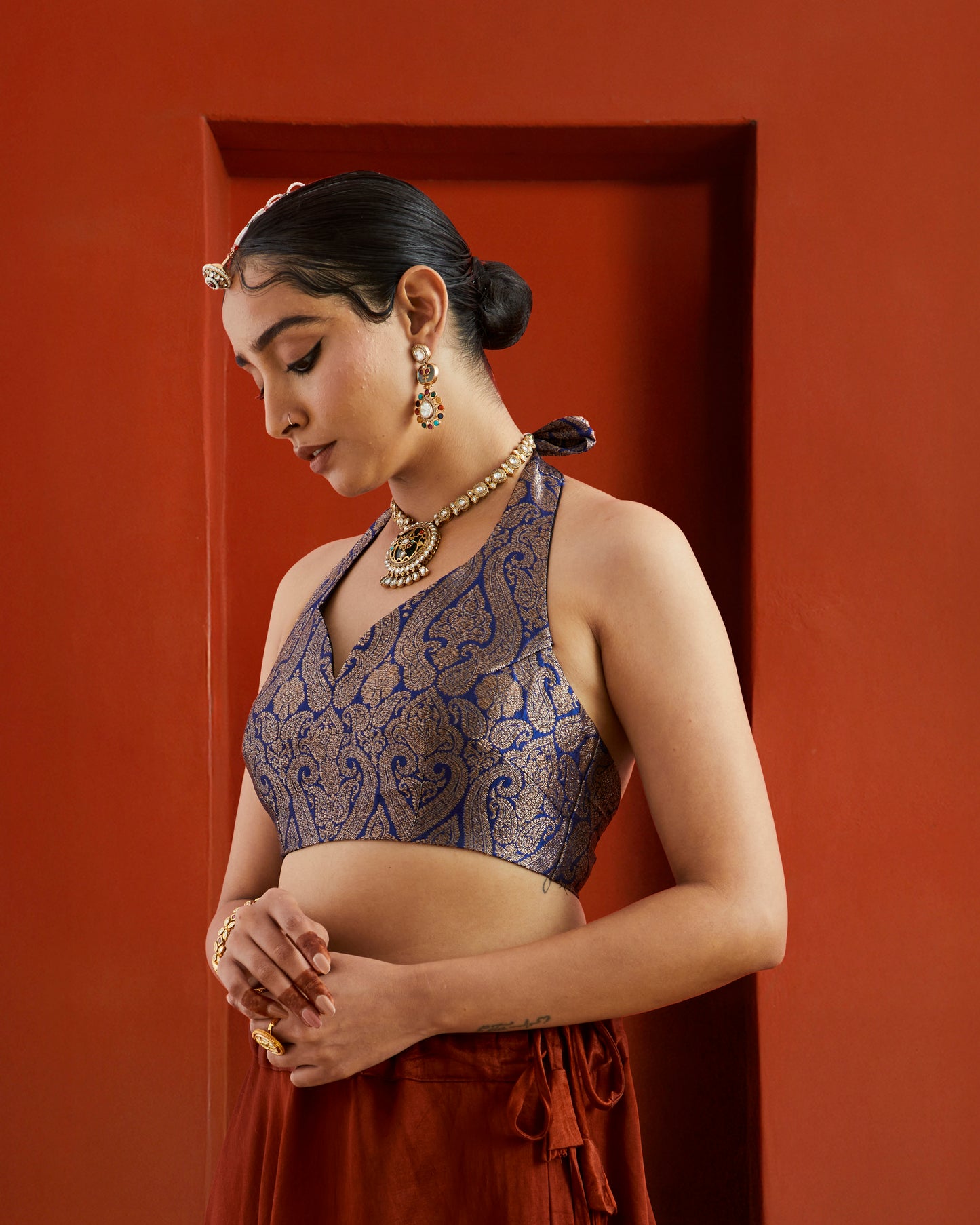 Blue & Gold Paisley Brocade Halter Neck Saree Blouse