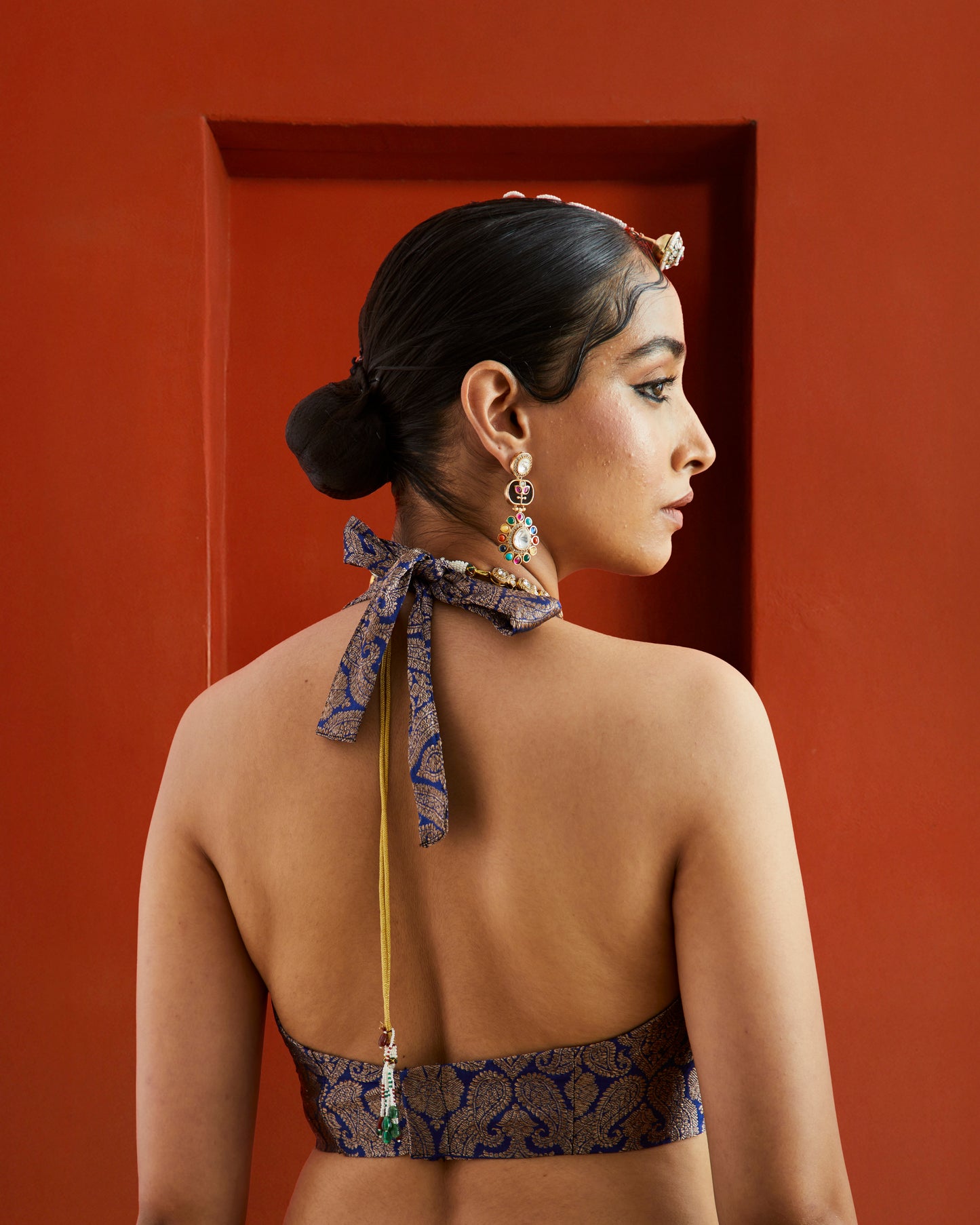 Blue & Gold Paisley Brocade Halter Neck Saree Blouse