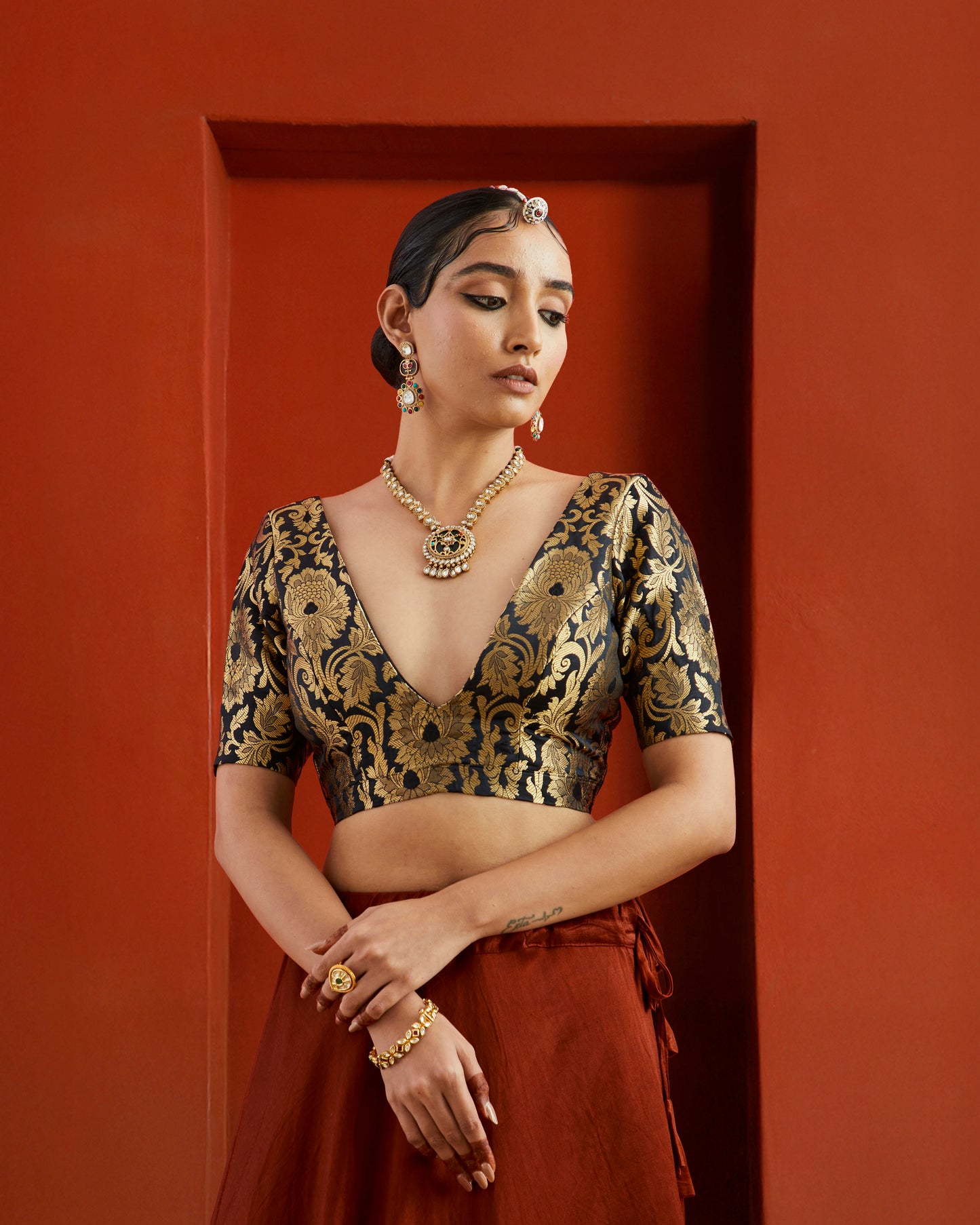 Black & Gold Floral Brocade Deep Neck Saree Blouse