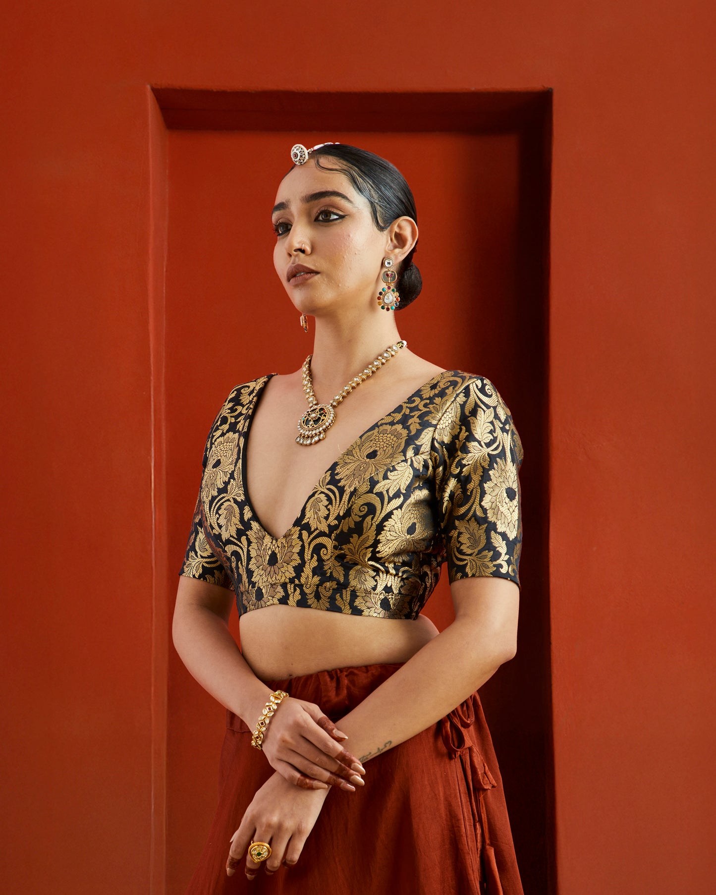 Black & Gold Floral Brocade Deep Neck Saree Blouse