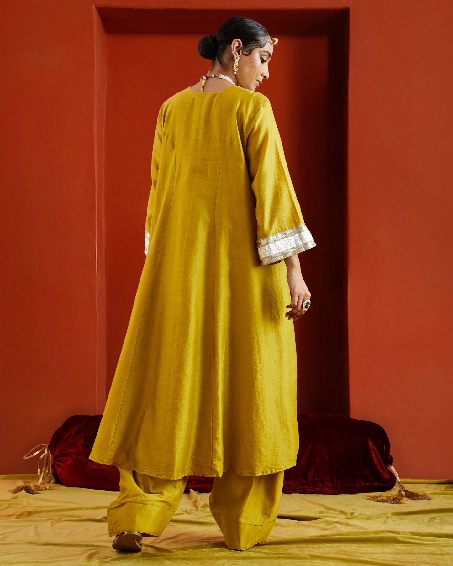 Yellow Pure Chanderi Kaftan Kurta With Gota Patti