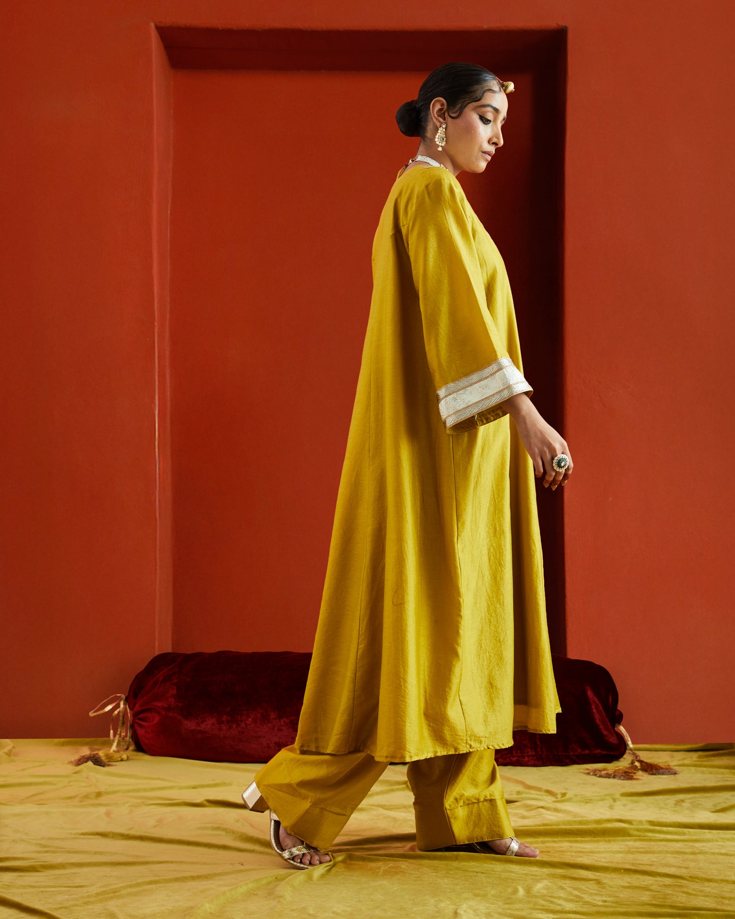 Yellow Pure Chanderi Kaftan Kurta With Gota Patti