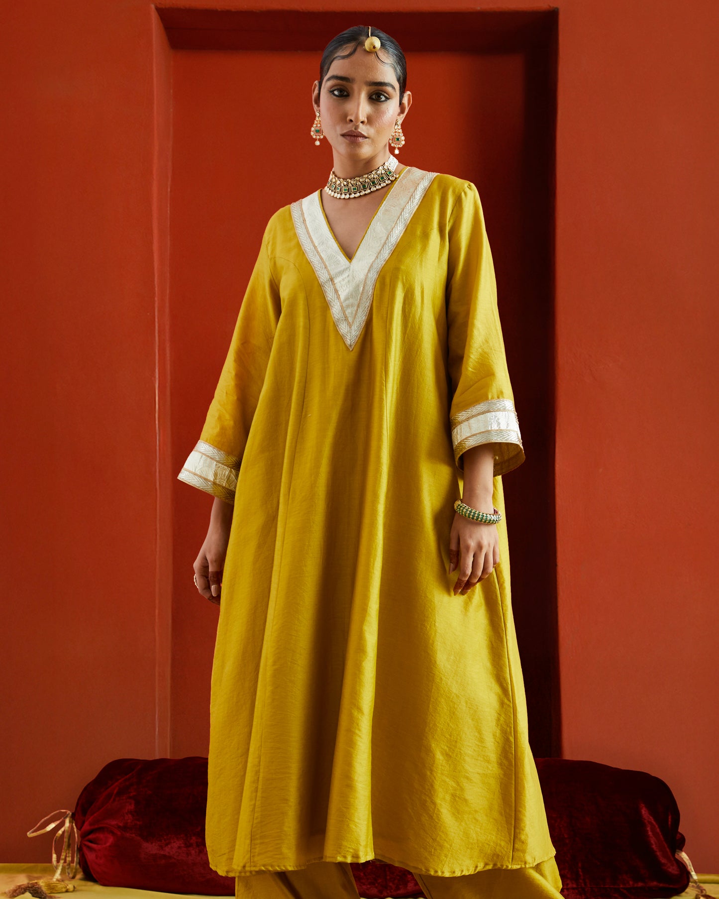 Yellow Pure Chanderi Kaftan Kurta With Gota Patti