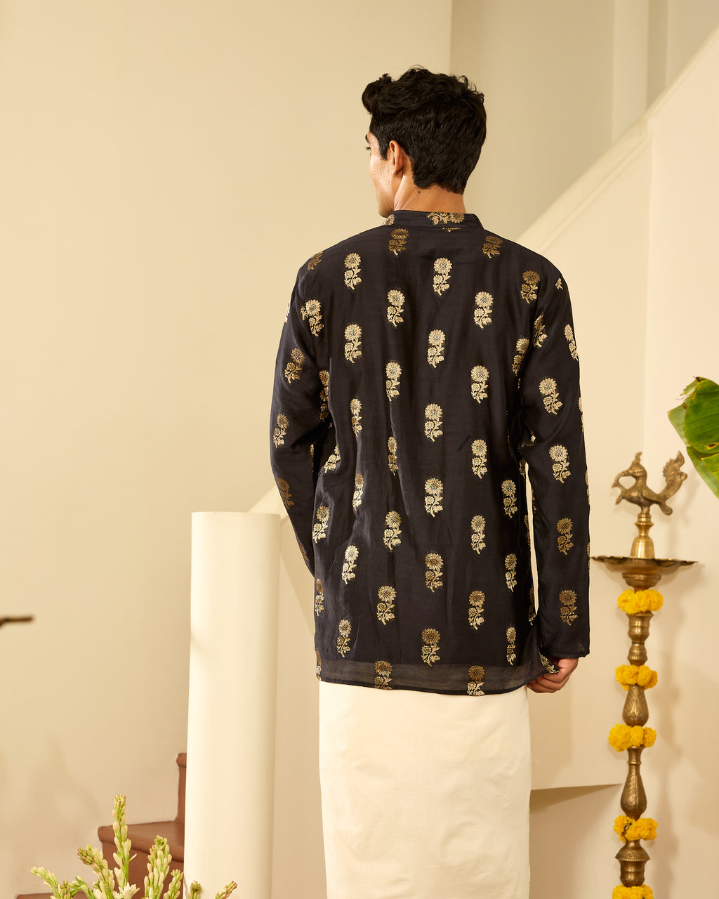 Black Pure Chanderi Zari Buta Floral Men's Short Kurta