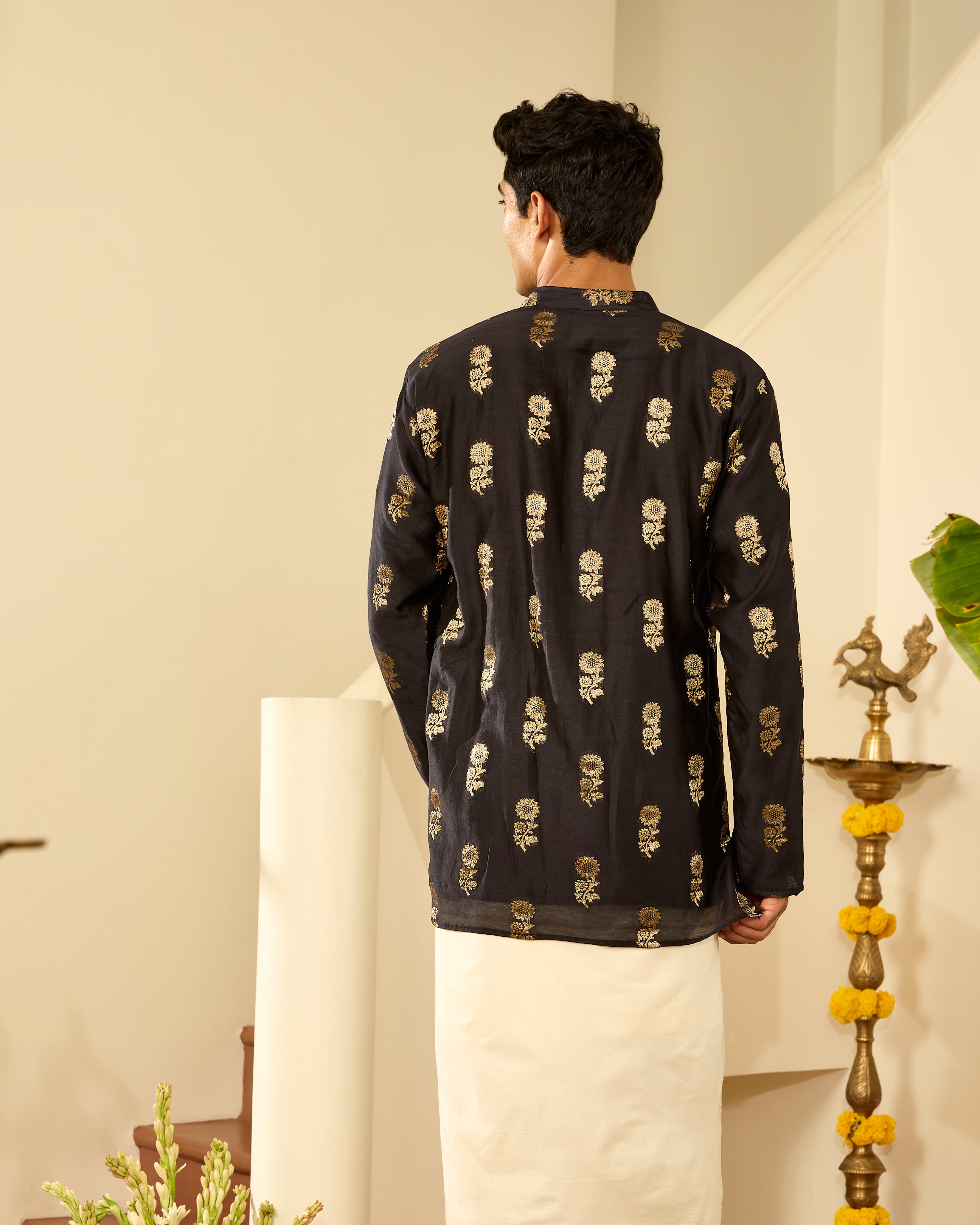 Black Pure Chanderi Zari Buta Floral Men's Short Kurta