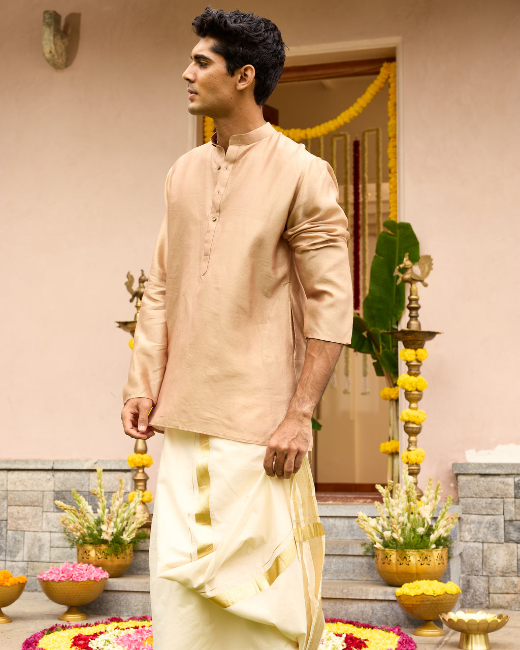 Light Gold Pure Chanderi Men's Short Kurta